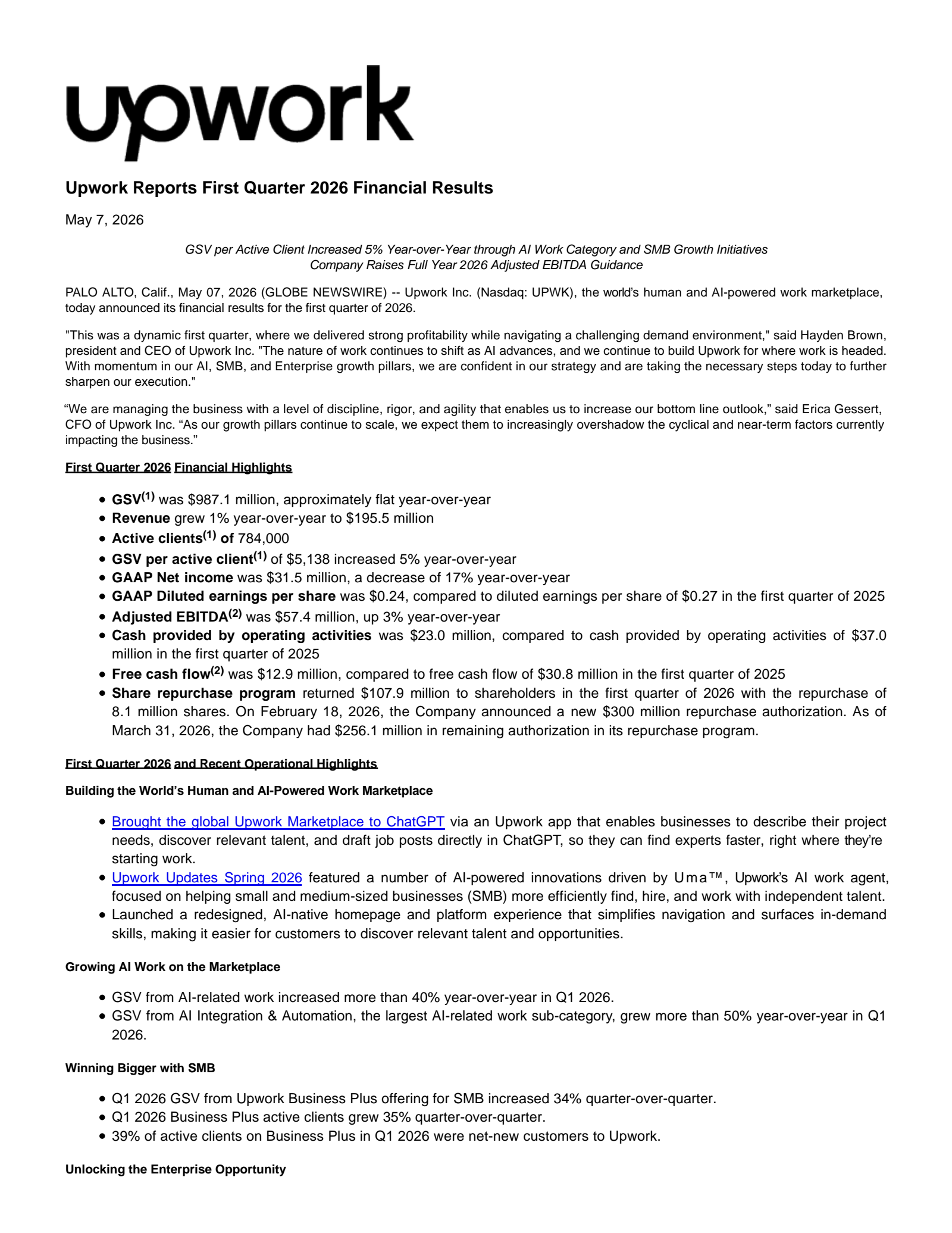 Upwork's Q1 2026 Press Release