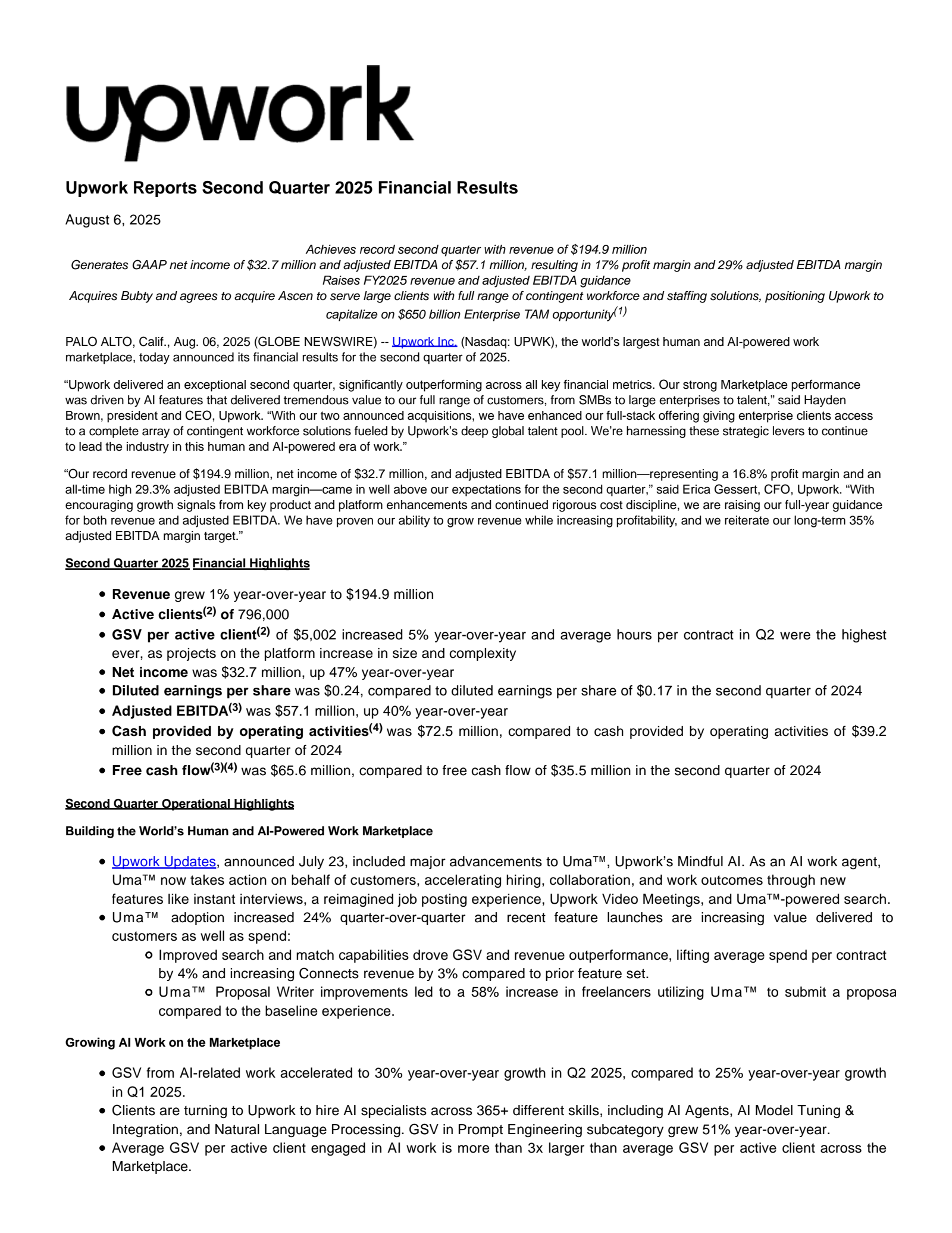 Upwork's Q2 2025 Press Release