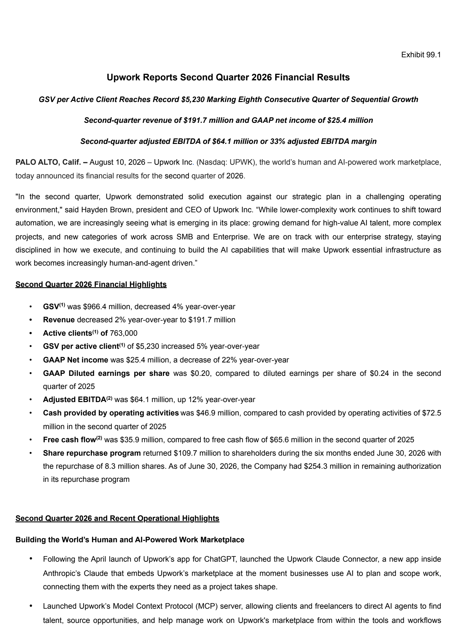 Upwork's Q2 2026 Press Release