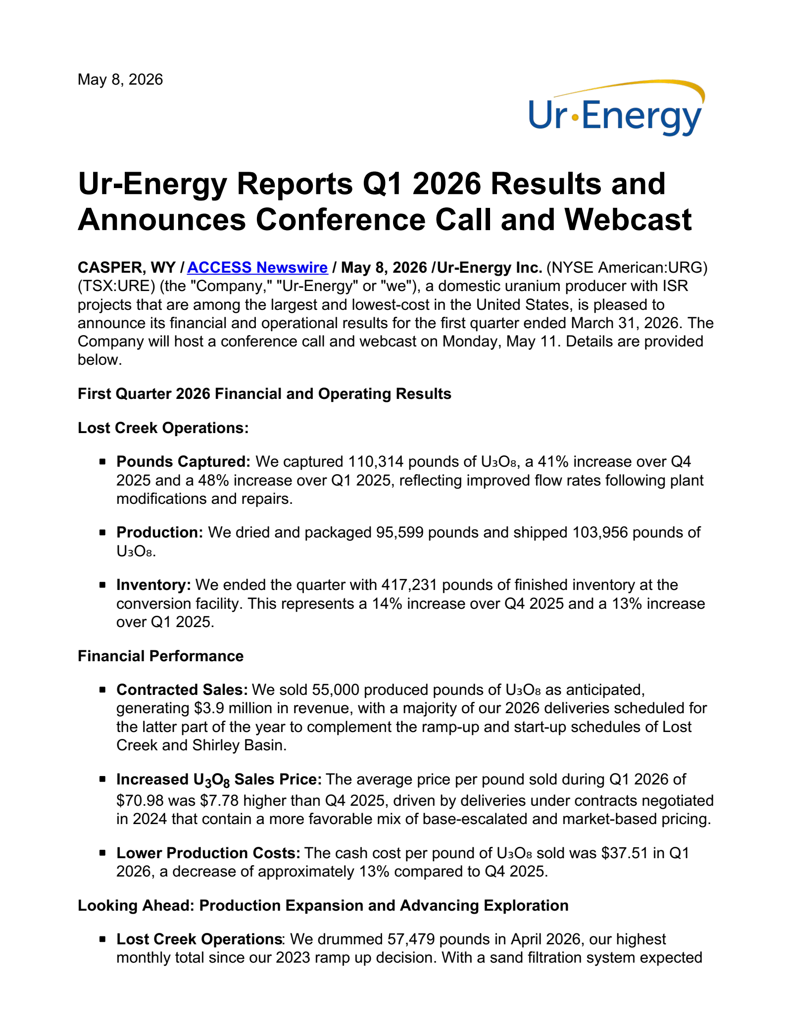Ur Energy's Q1 2026 Press Release