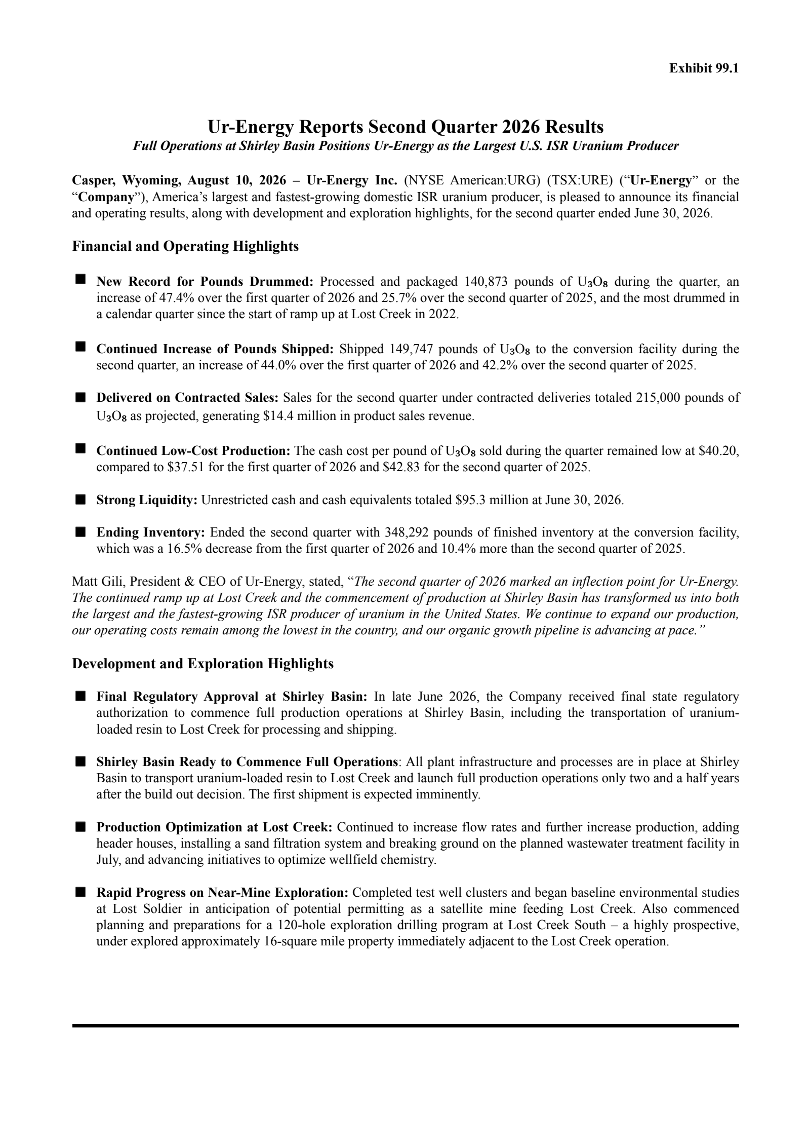 Ur Energy's Q2 2026 Press Release