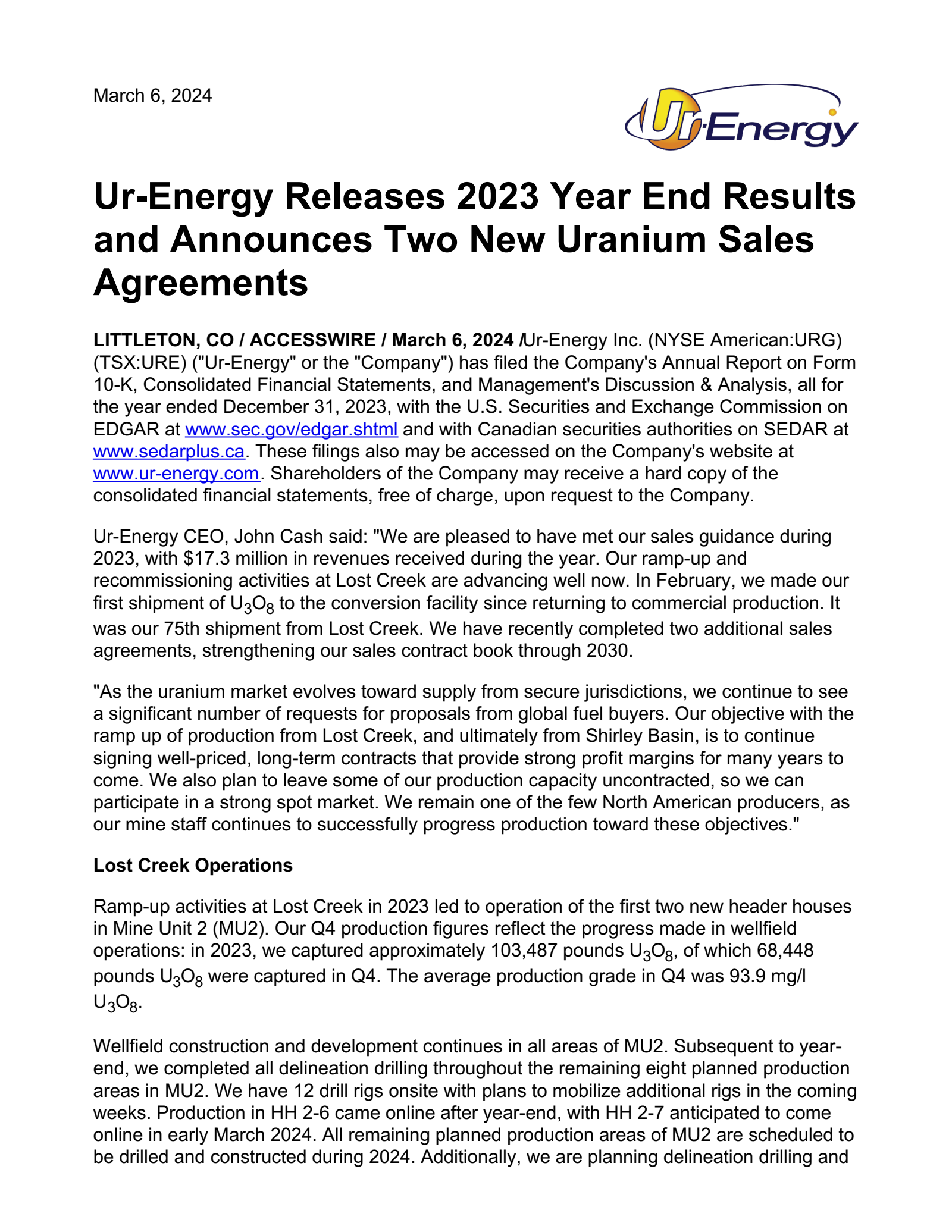 Ur-Energy's Q4 2023 Press Release