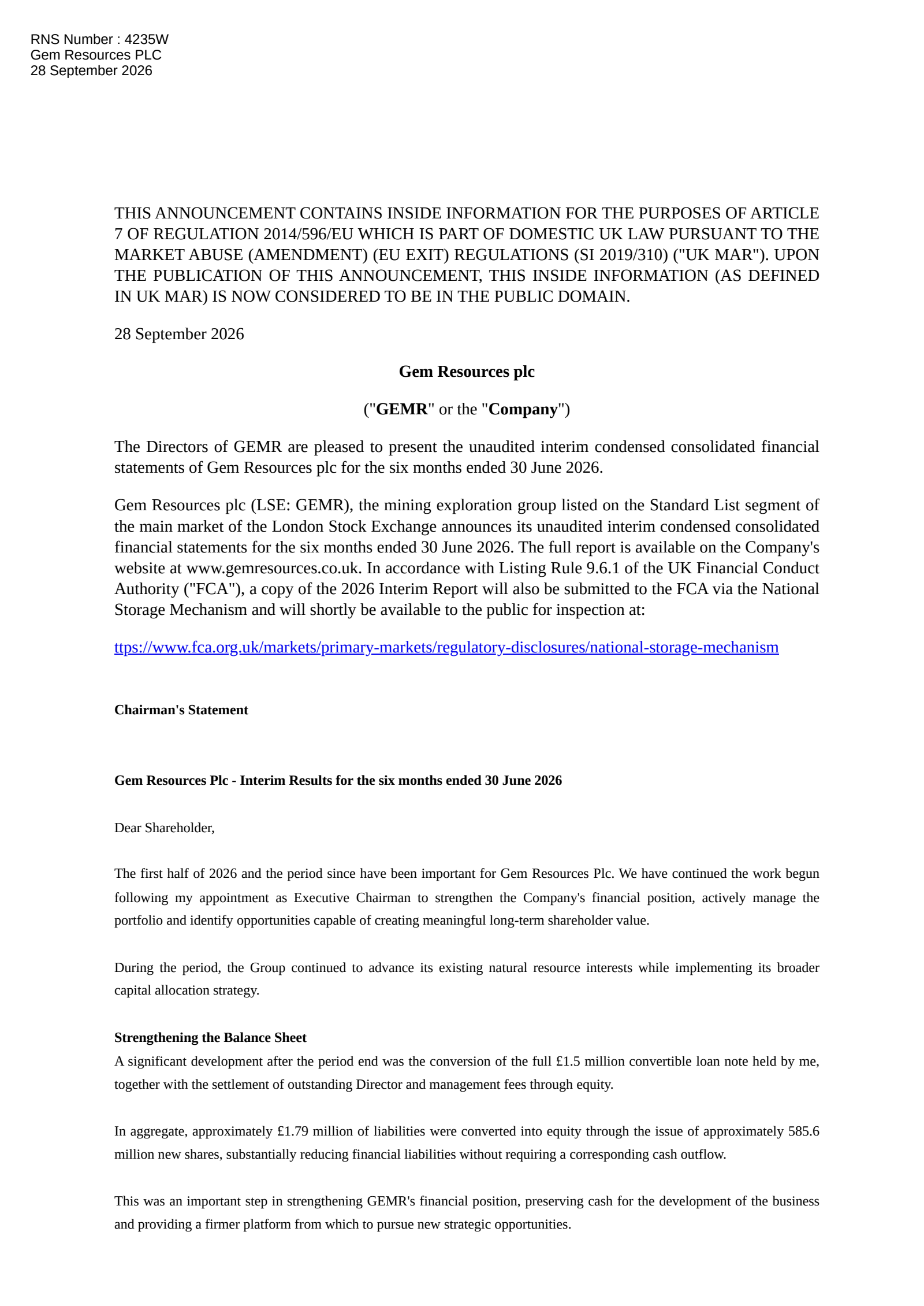 Gem Resources' H1 2026 Interim report
