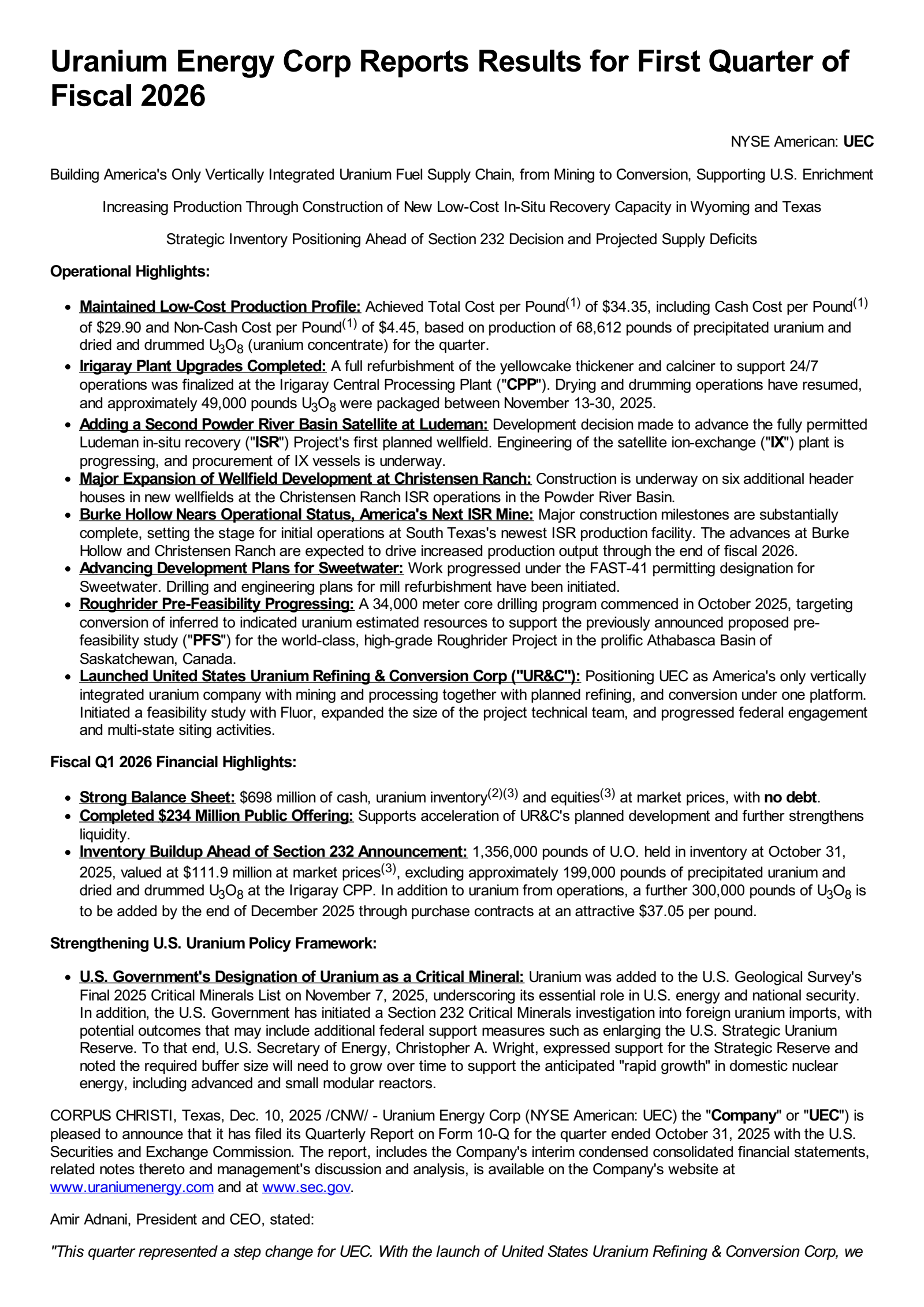 Uranium Energy's Q1 2026 Earnings Release