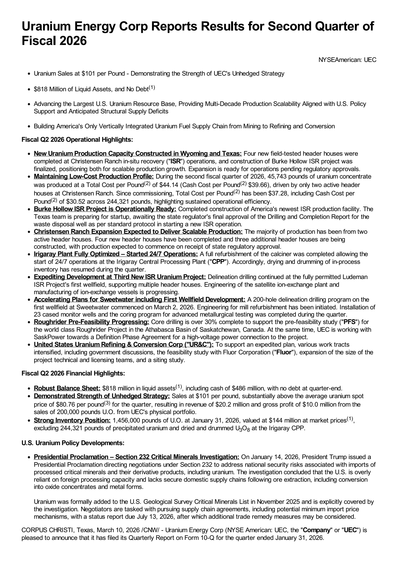 Uranium Energy's Q2 2026 Press Release