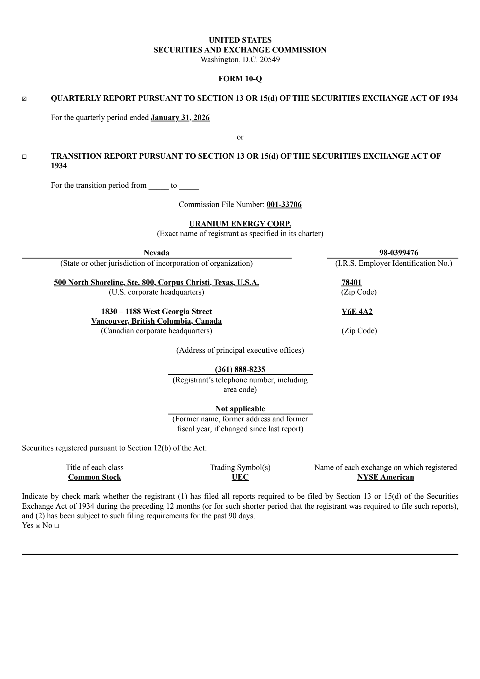 Uranium Energy's Q2 2026 Quarterly report