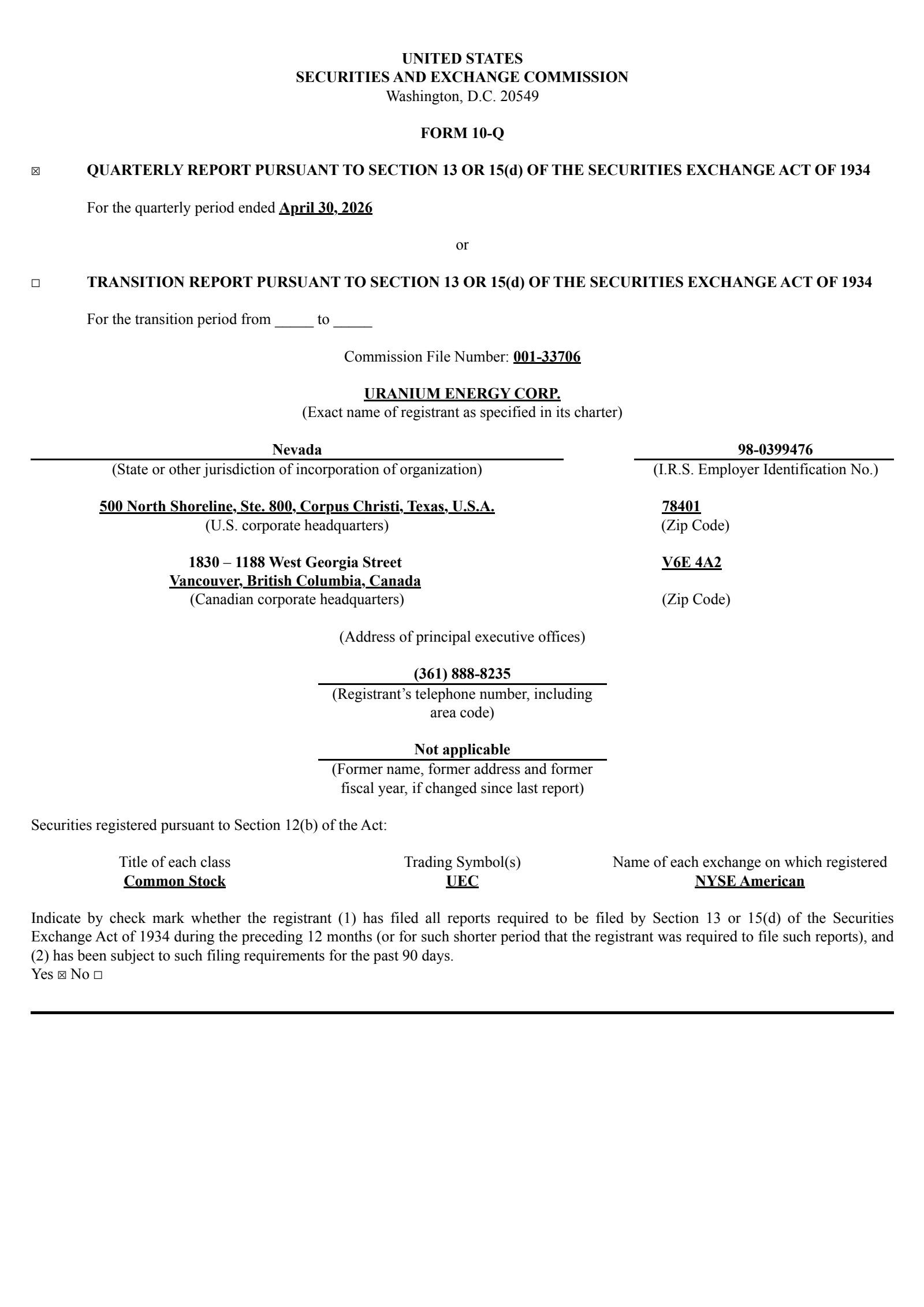 Uranium Energy's Q3 2026 Quarterly report