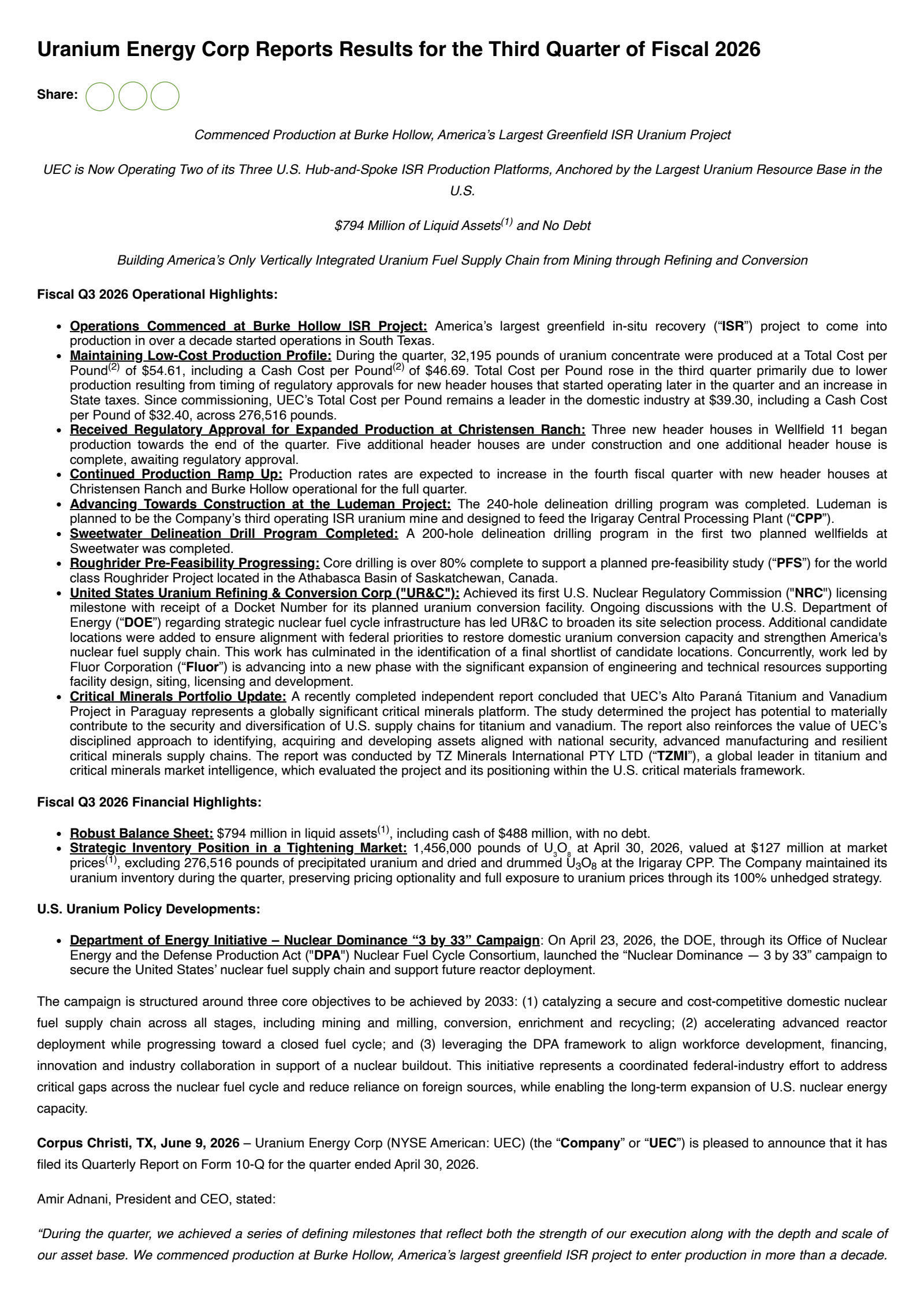 Uranium Energy's Q3 2026 Press Release