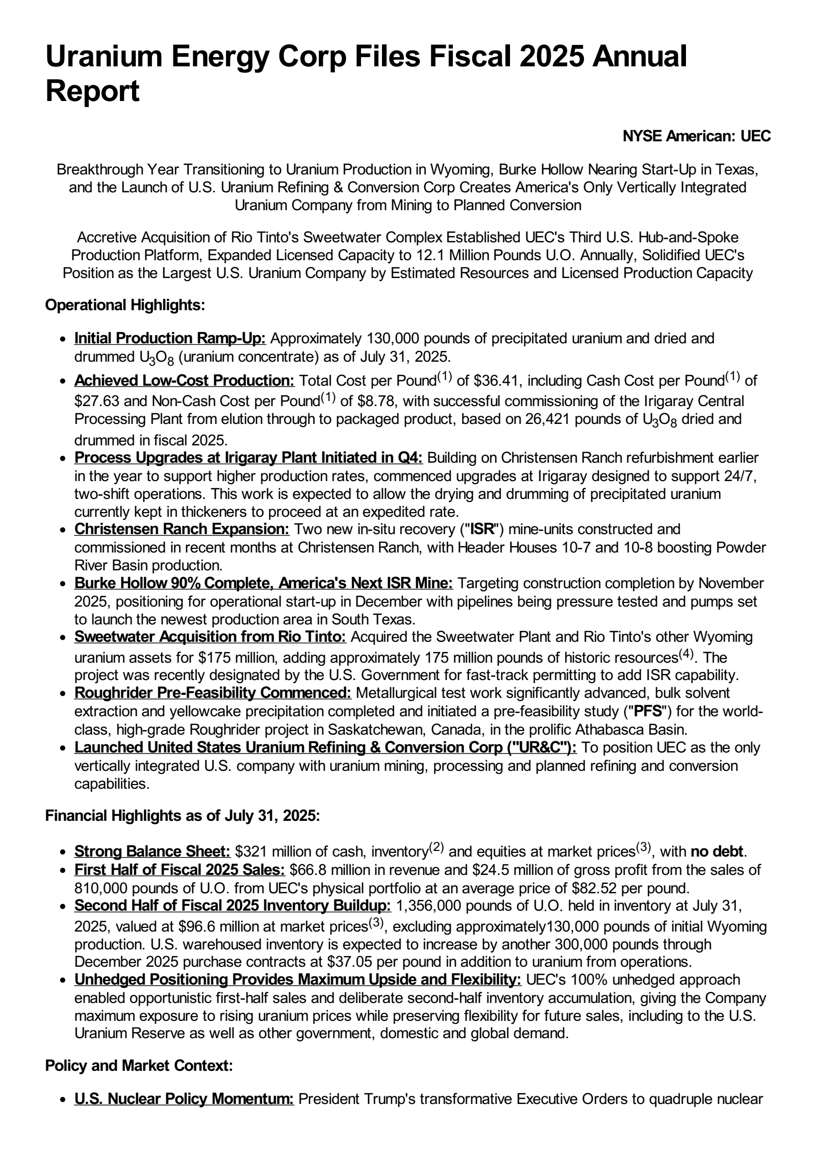Uranium Energy's Q4 2025 Earnings Release