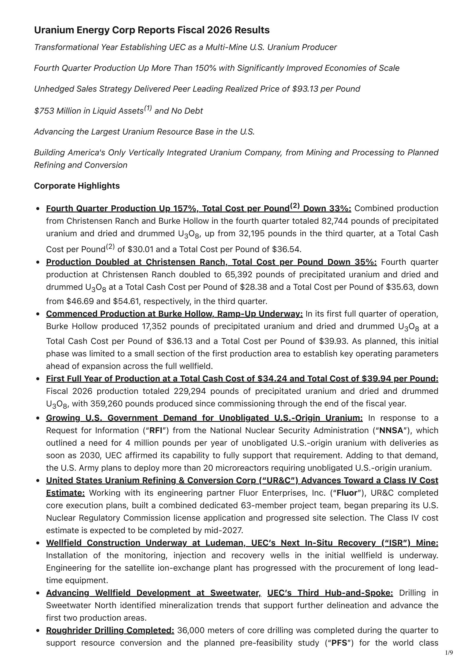 Uranium Energy's Q4 2026 Press Release