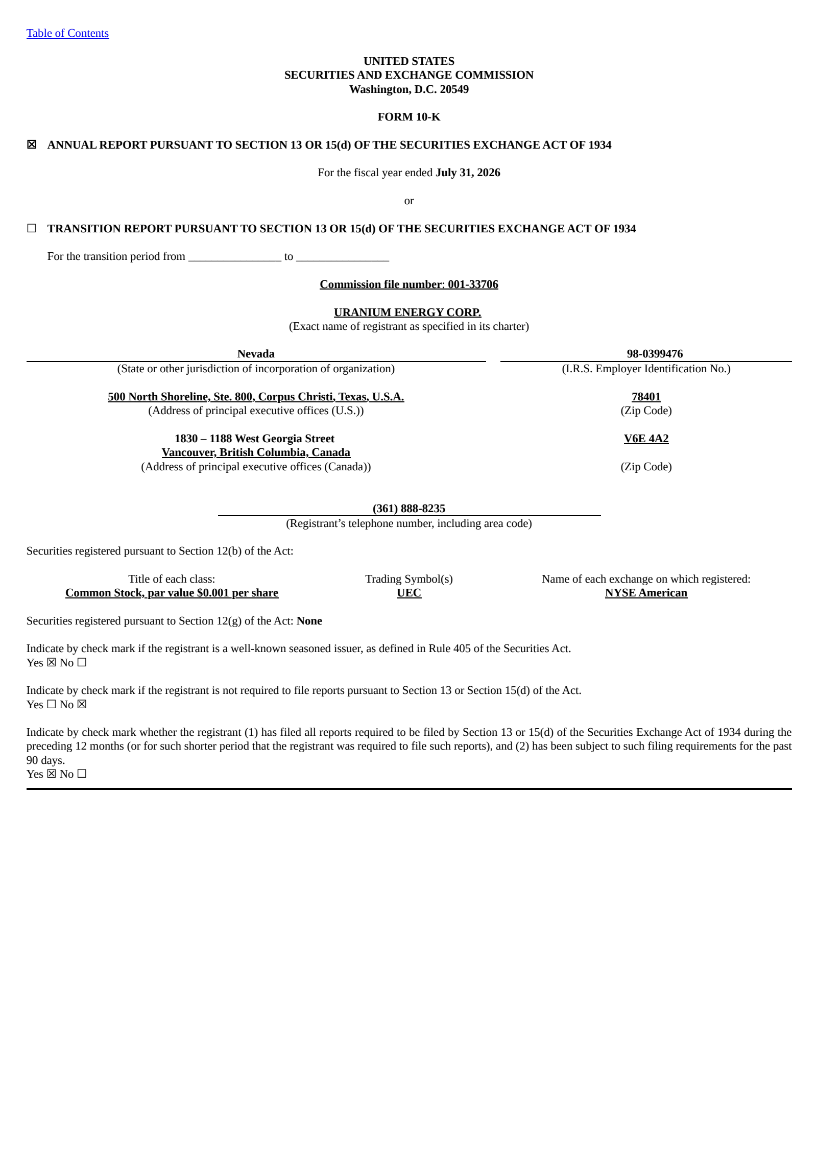 Uranium Energy's Q4 2026 Annual report
