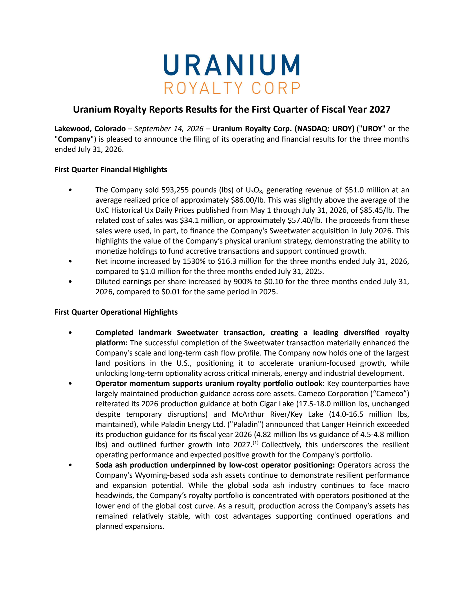 Uranium Royalty's Q1 2027 Press Release