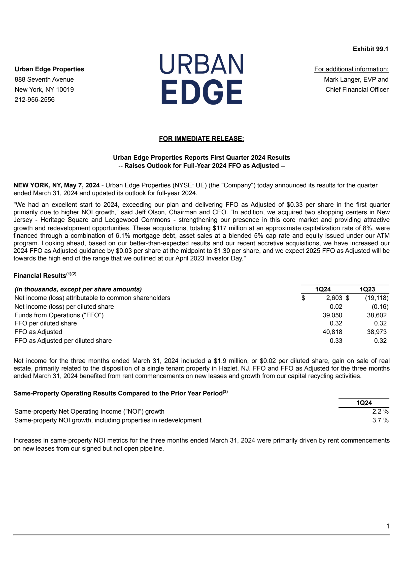 Urban Edge Properties' Q1 2024 Press Release
