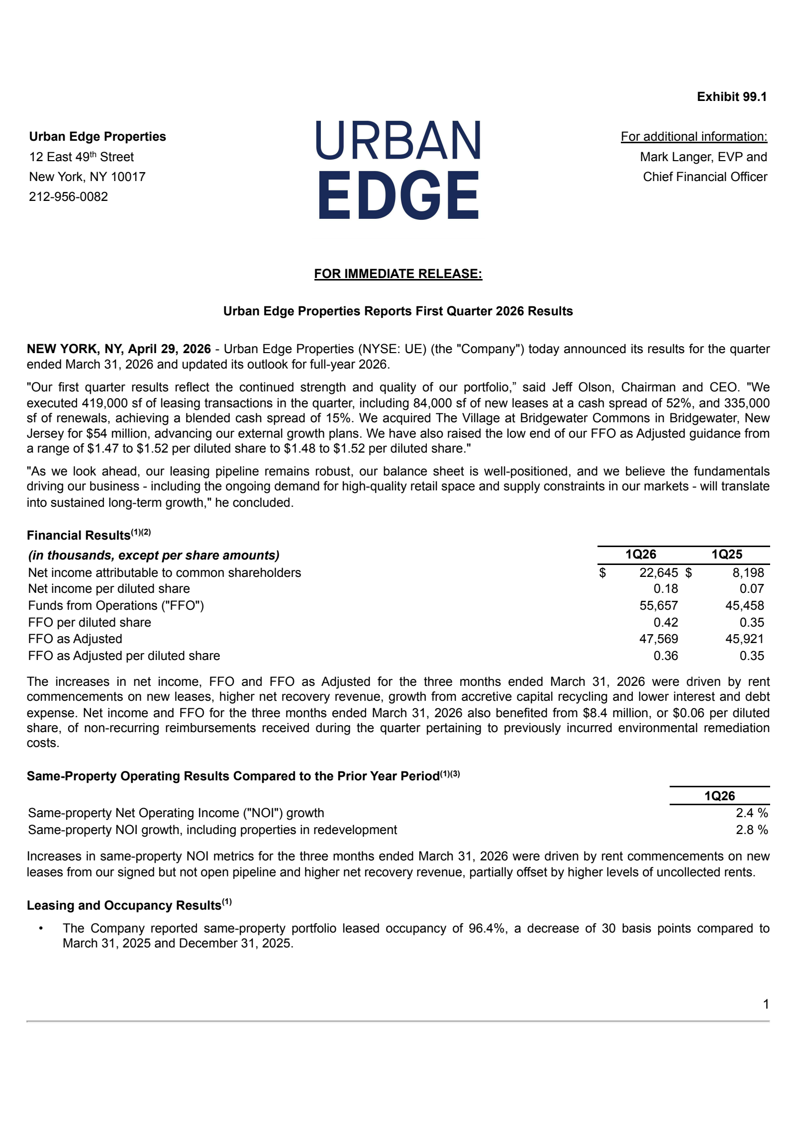 Urban Edge Properties' Q1 2026 Press Release