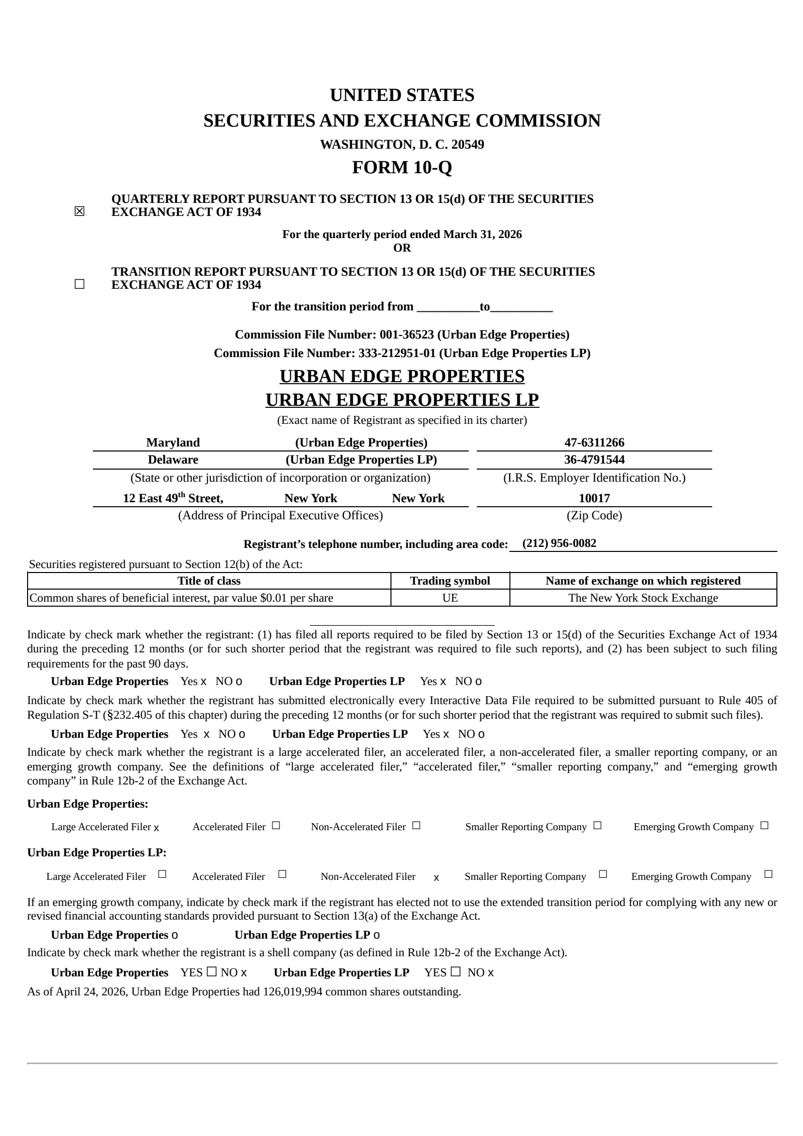 Urban Edge Properties' Q1 2026 Quarterly report