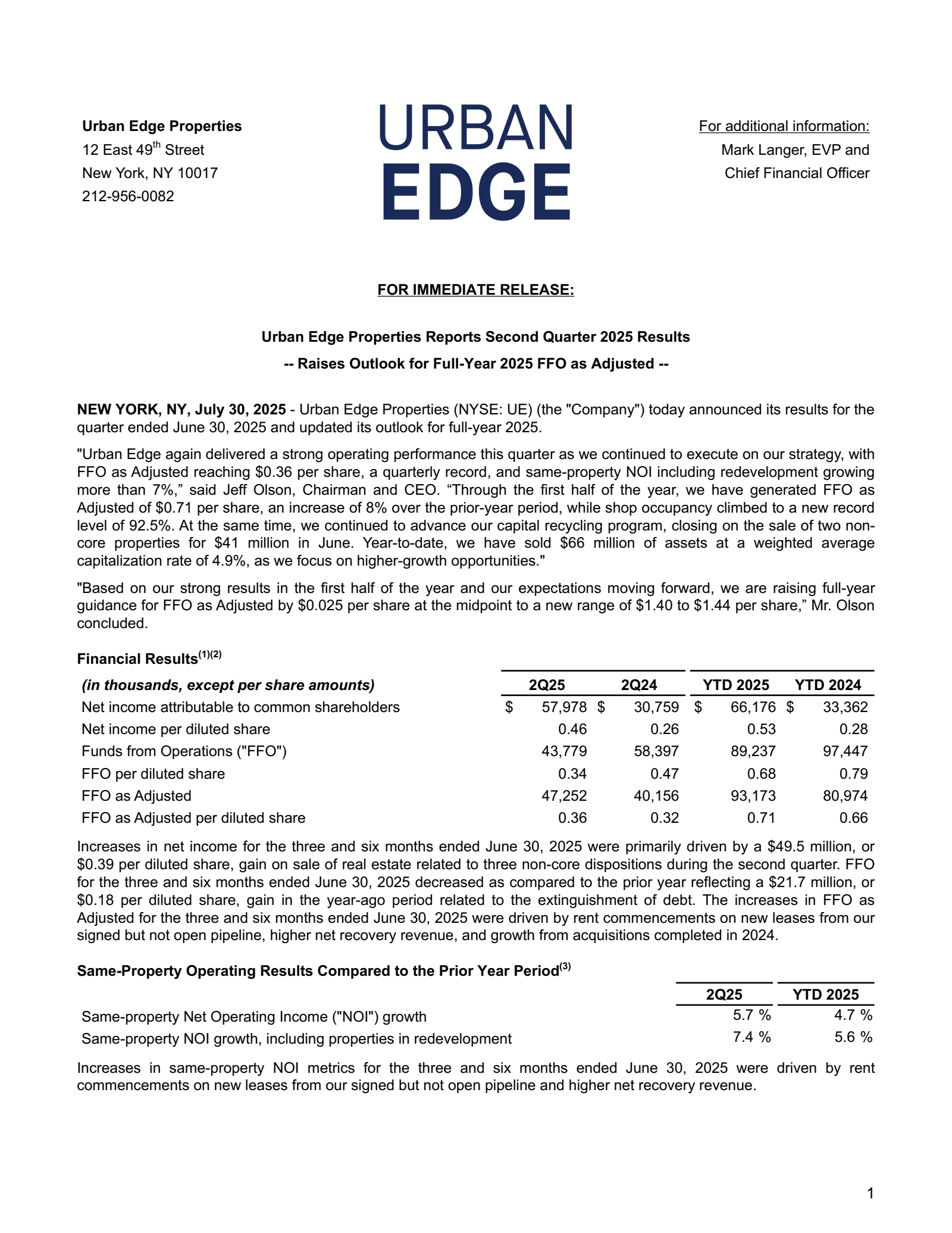 Urban Edge Properties' Q2 2025 Press Release