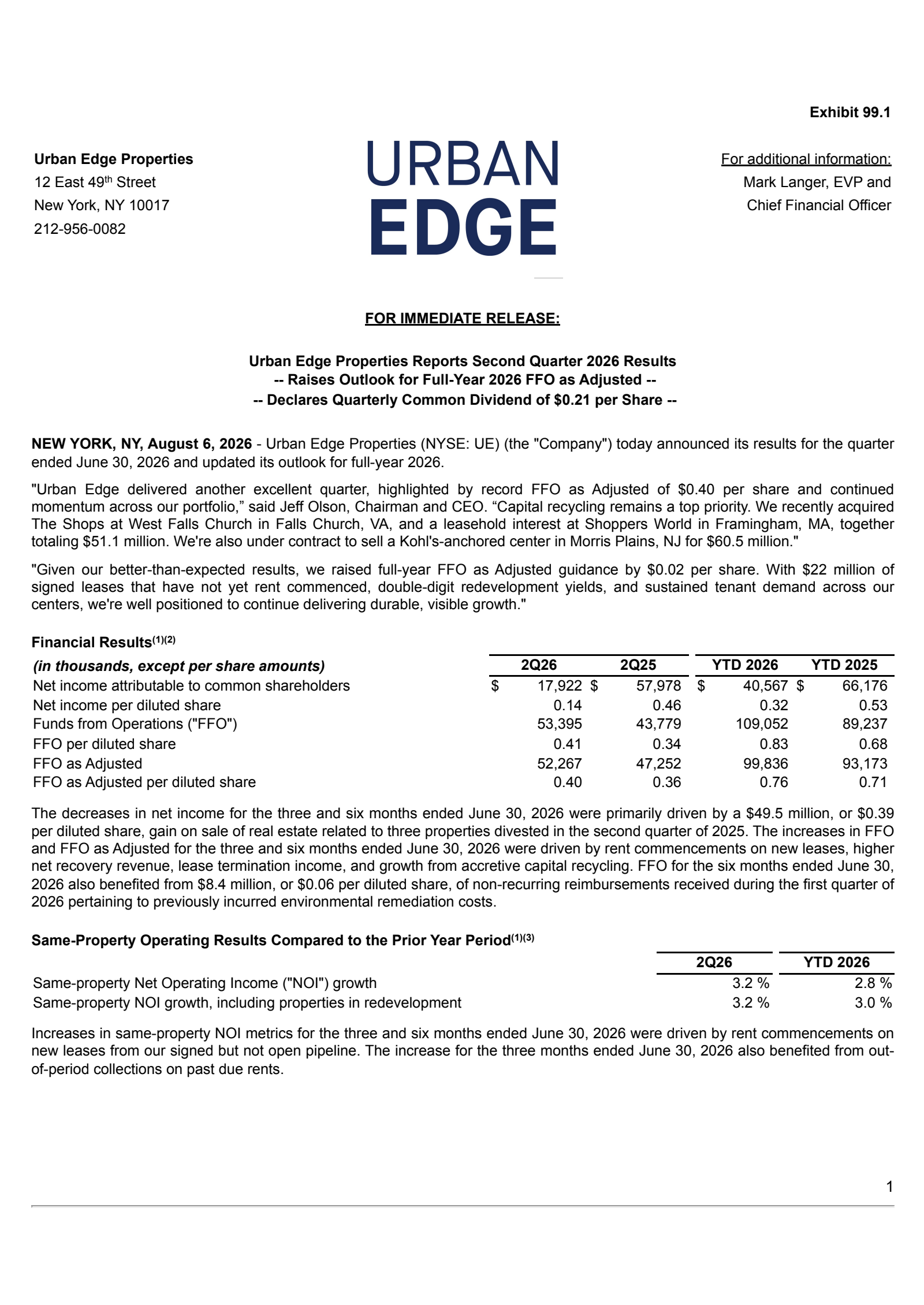 Urban Edge Properties' Q2 2026 Press Release