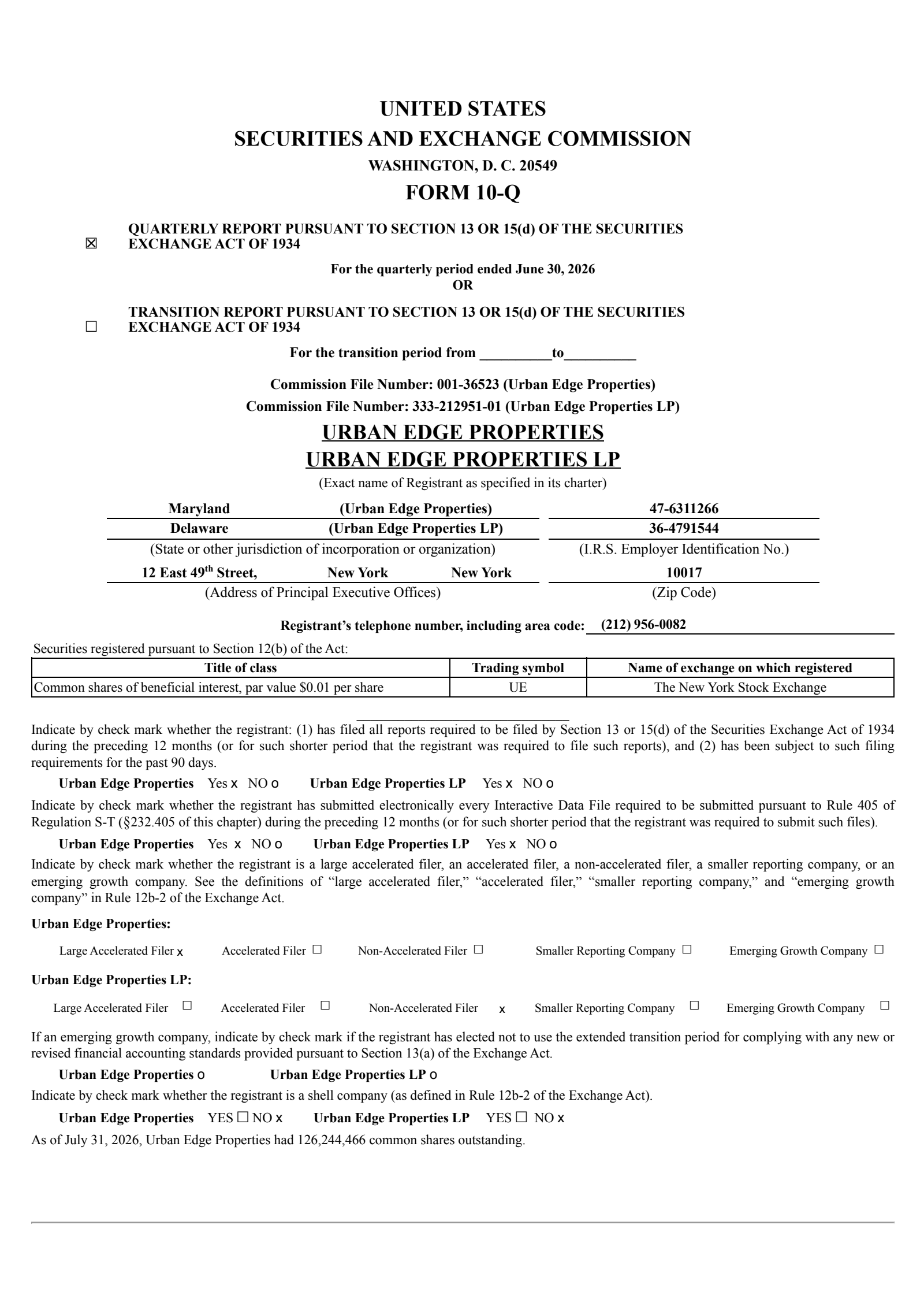 Urban Edge Properties' Q2 2026 Quarterly report
