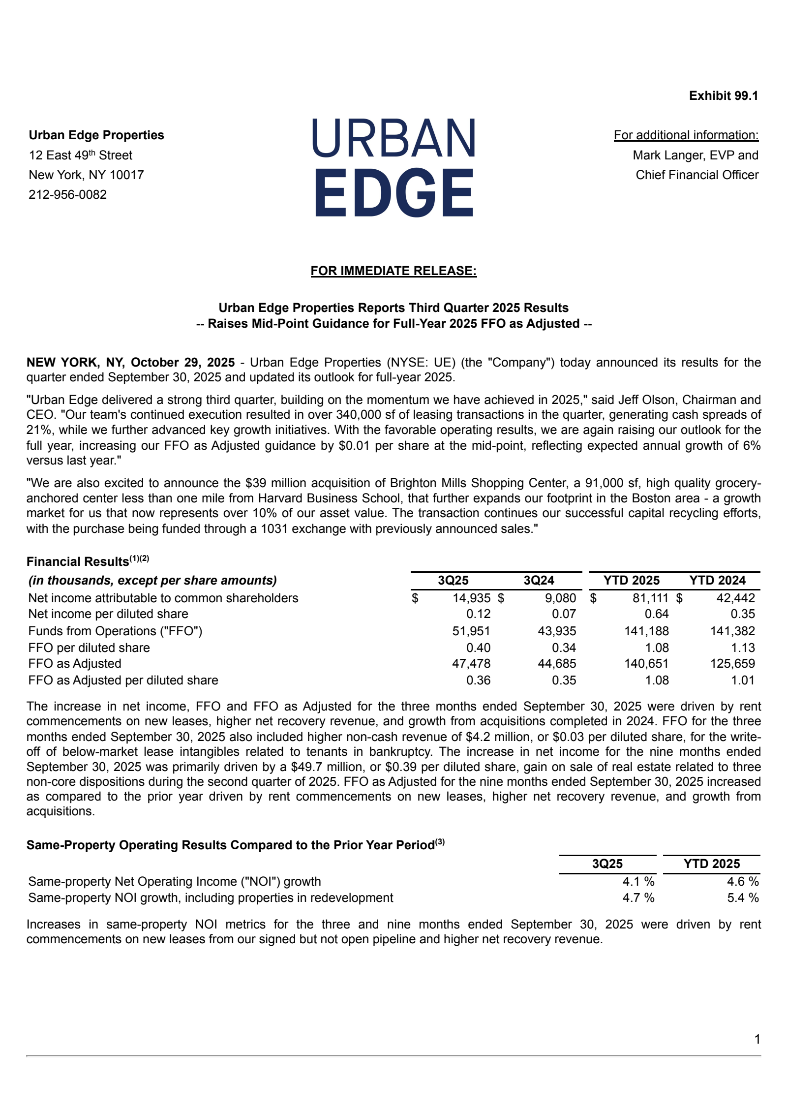 Urban Edge Properties' Q3 2025 Earnings Release