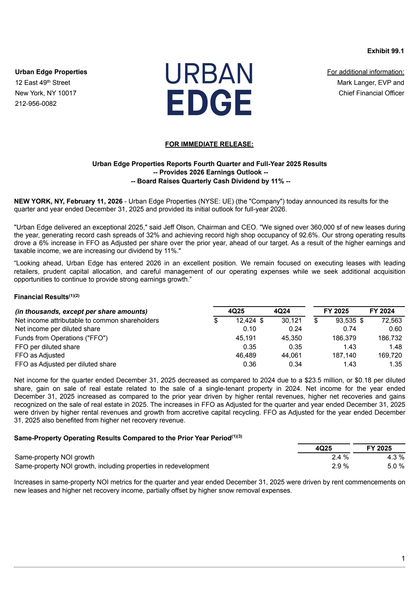 Urban Edge Properties' Q4 2025 Press Release