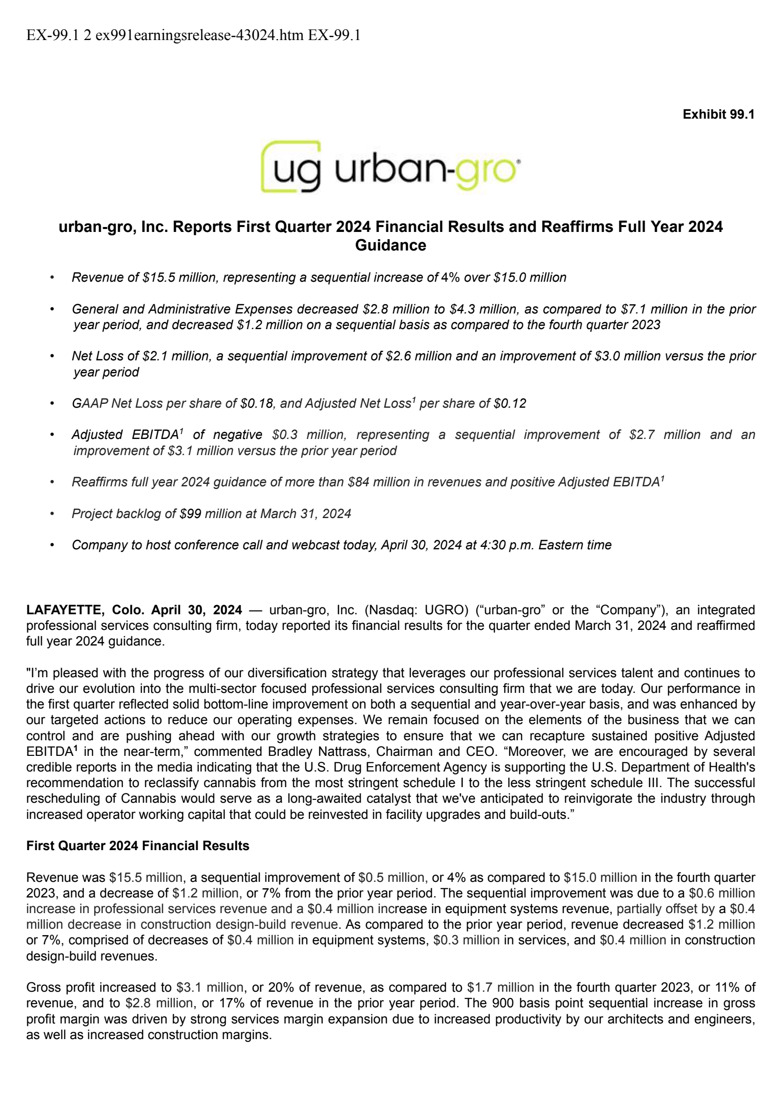 urban-gro's Q1 2024 Press Release
