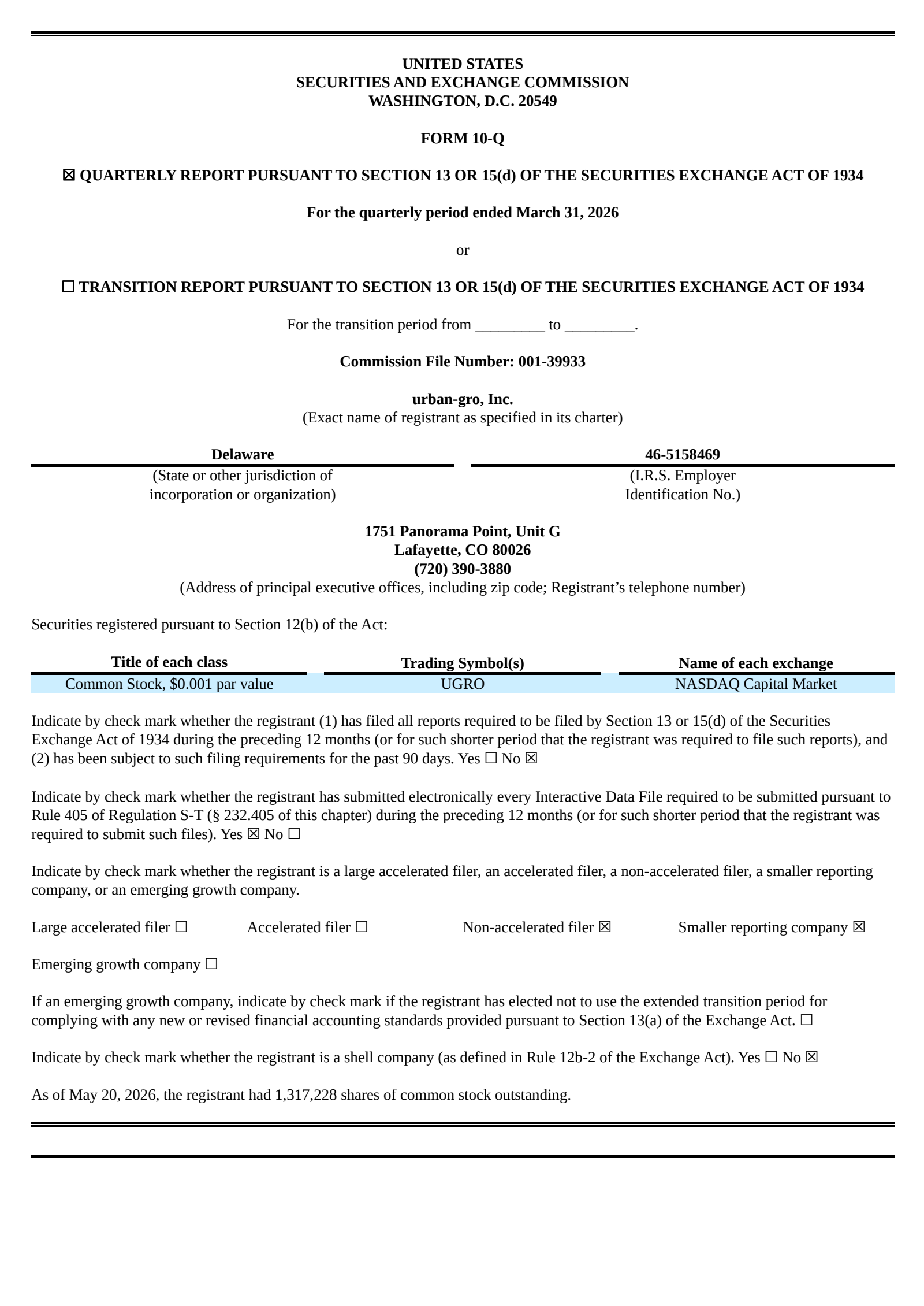 urban-gro's Q1 2026 Quarterly report