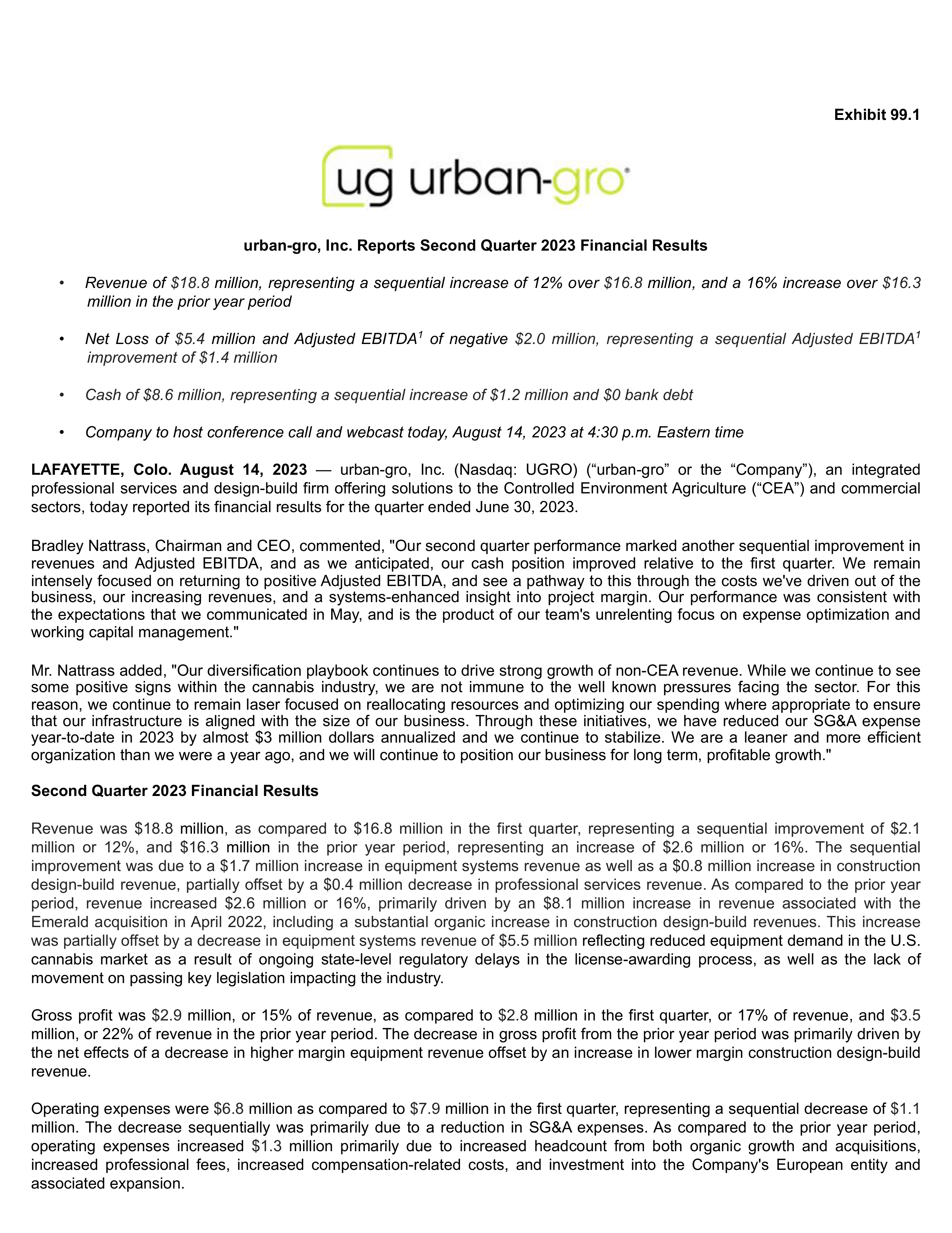 urban-gro's Q2 2023 Press Release