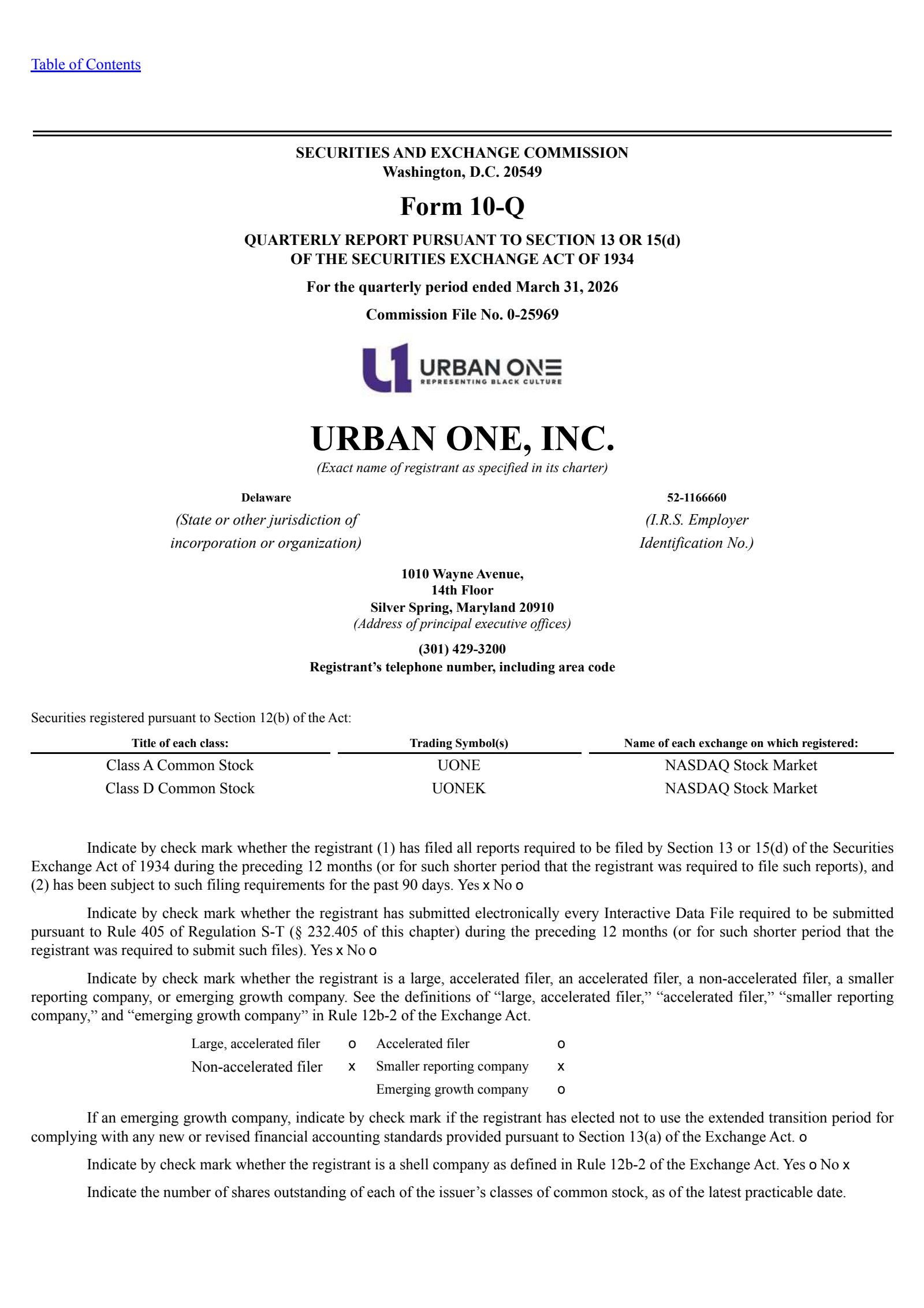 Radio One's Q1 2026 Quarterly report