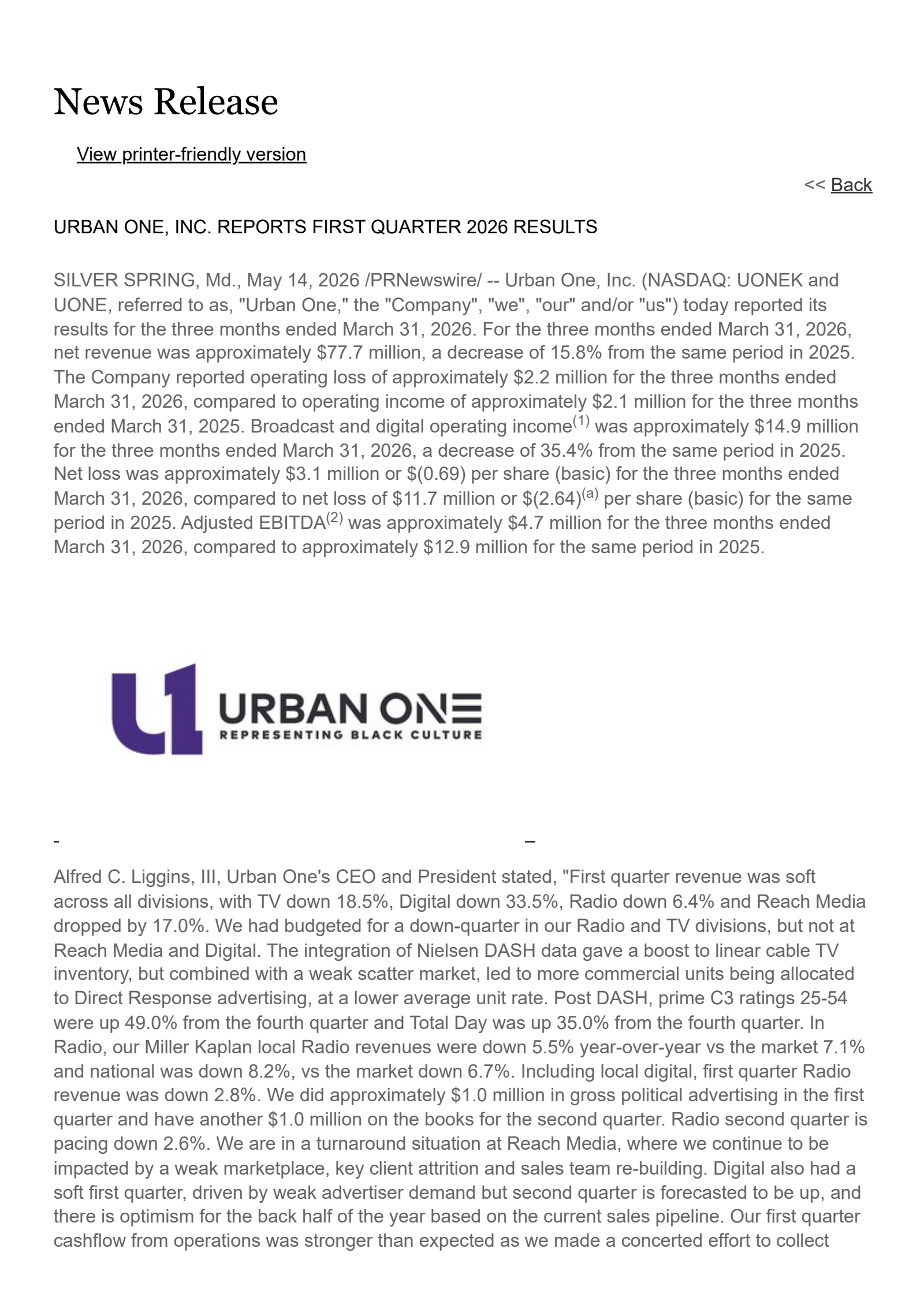 Radio One's Q1 2026 Press Release