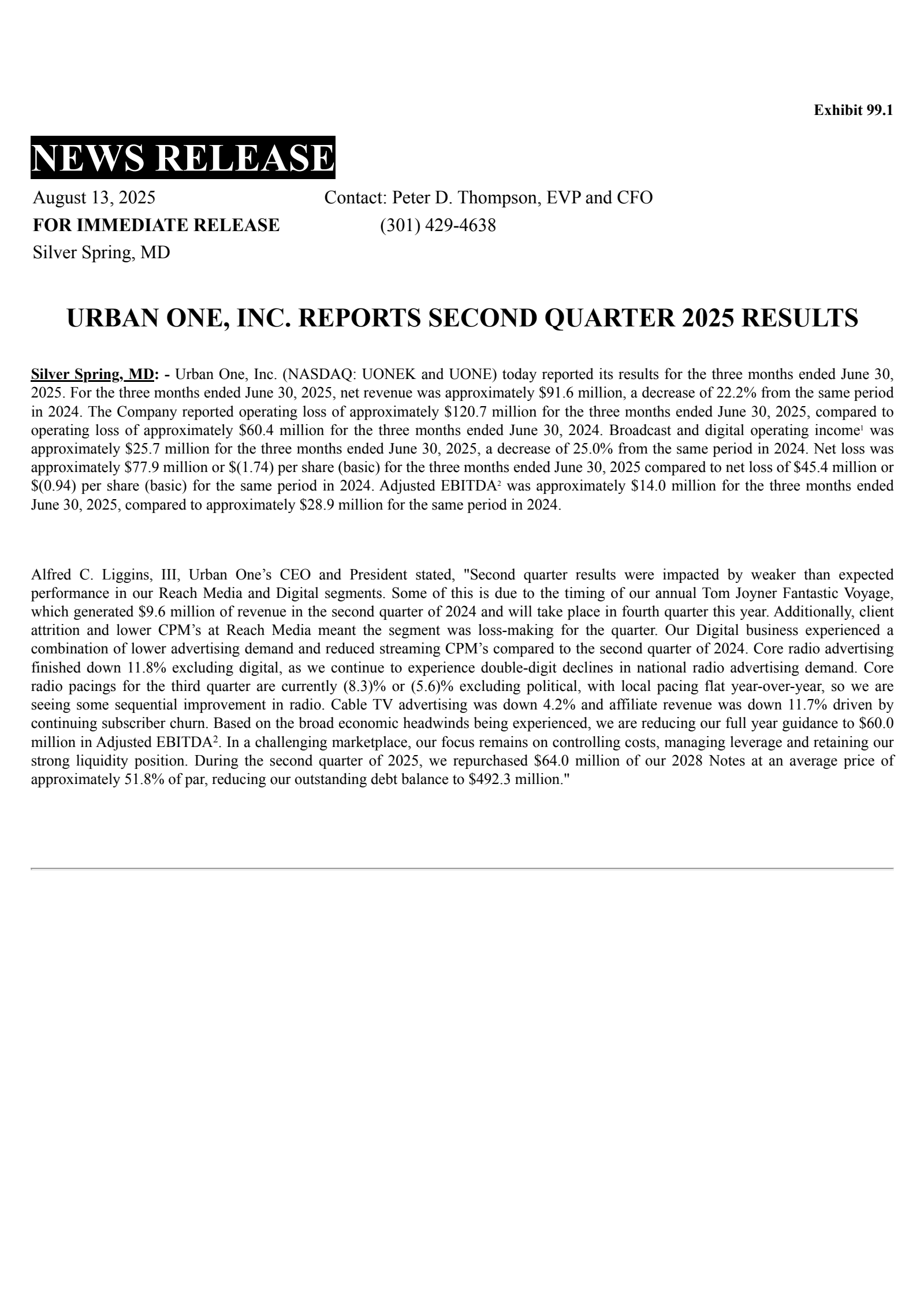 Radio One's Q2 2025 Press Release