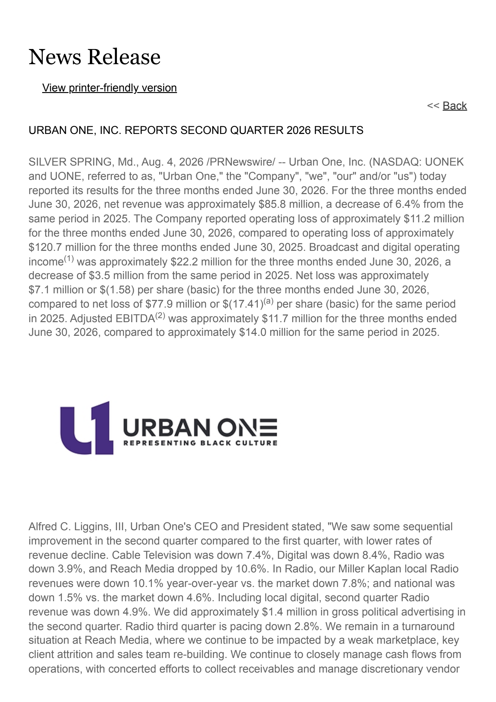 Radio One's Q2 2026 Press Release