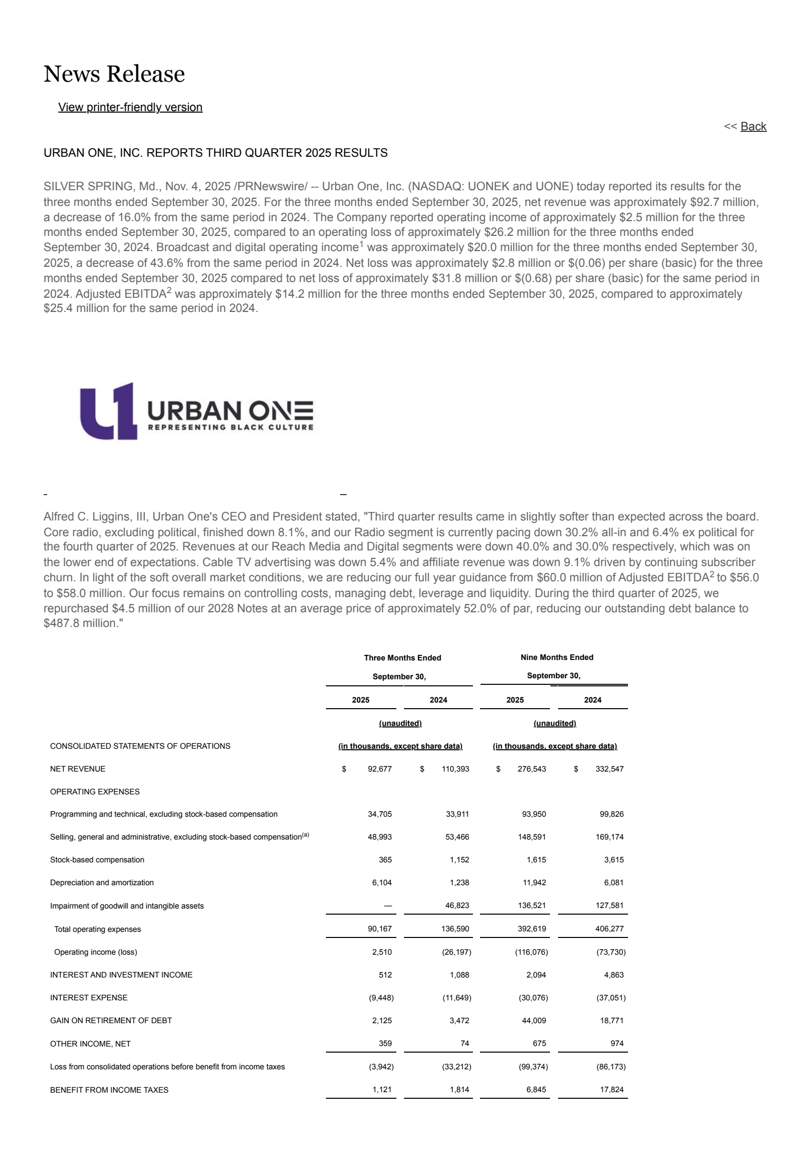 Radio One's Q3 2025 Earnings Release