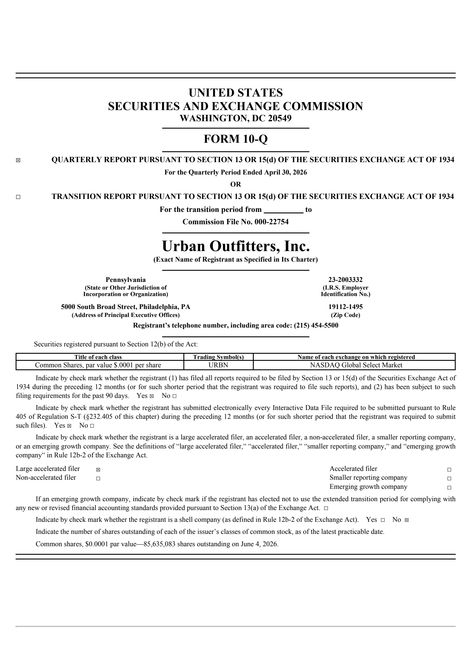 Urban Outfitters' Q1 2027 Quarterly report
