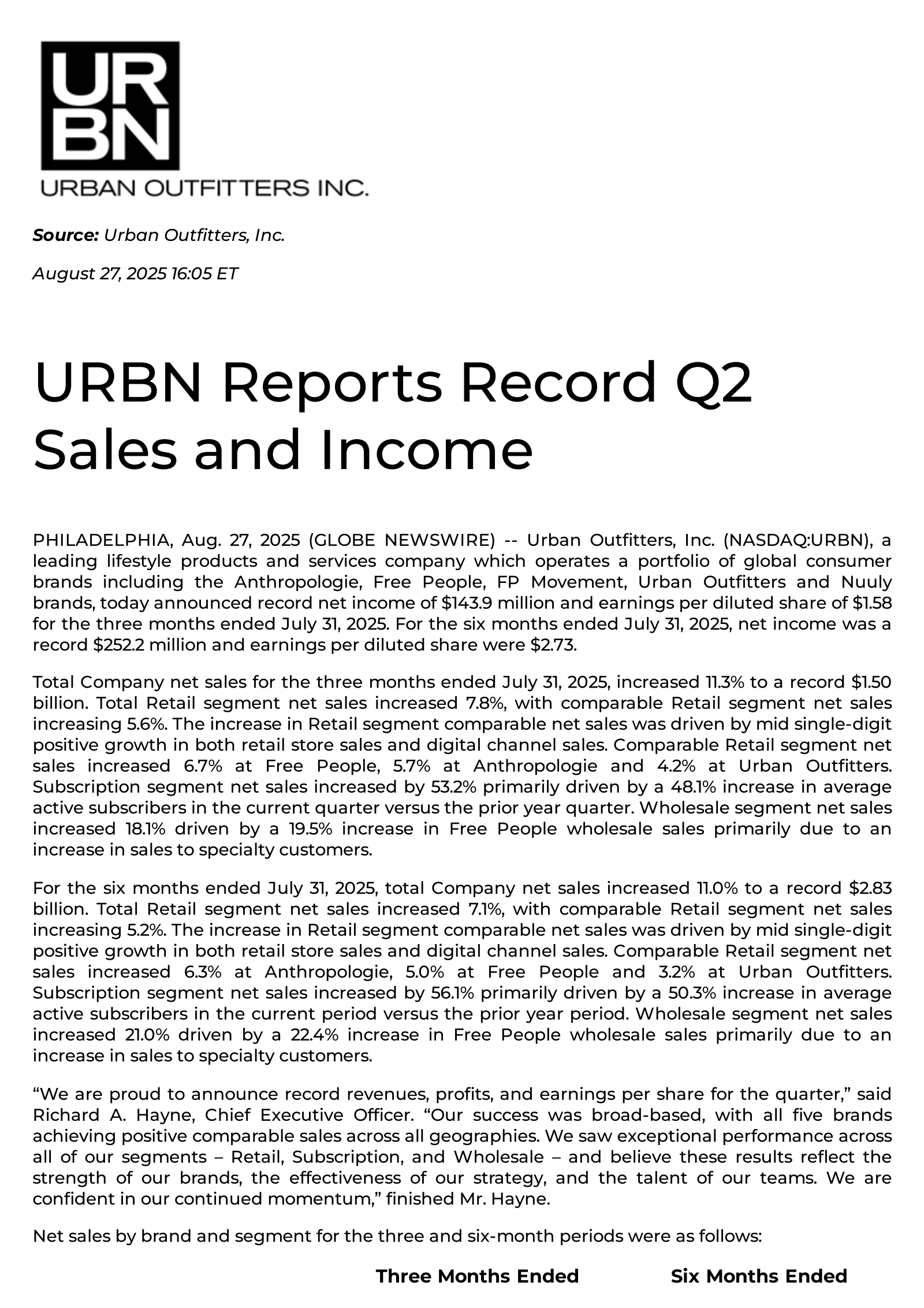 Urban Outfitters' Q2 2026 Press Release