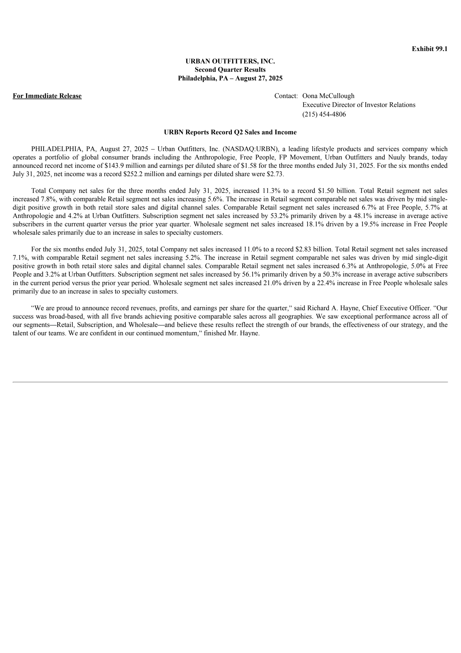Urban Outfitters' Q2 2026 Press Release