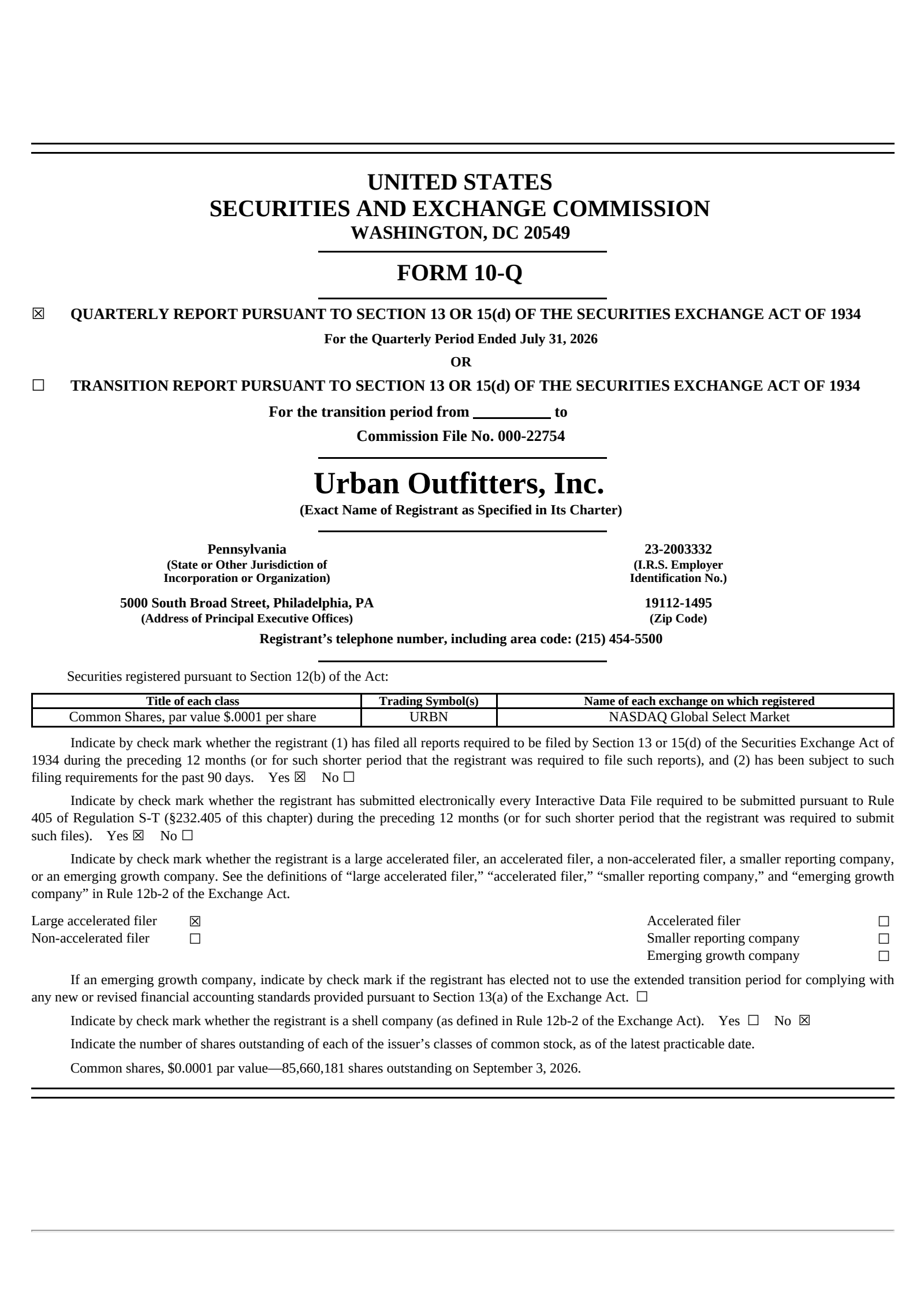 Urban Outfitters' Q2 2027 Quarterly report