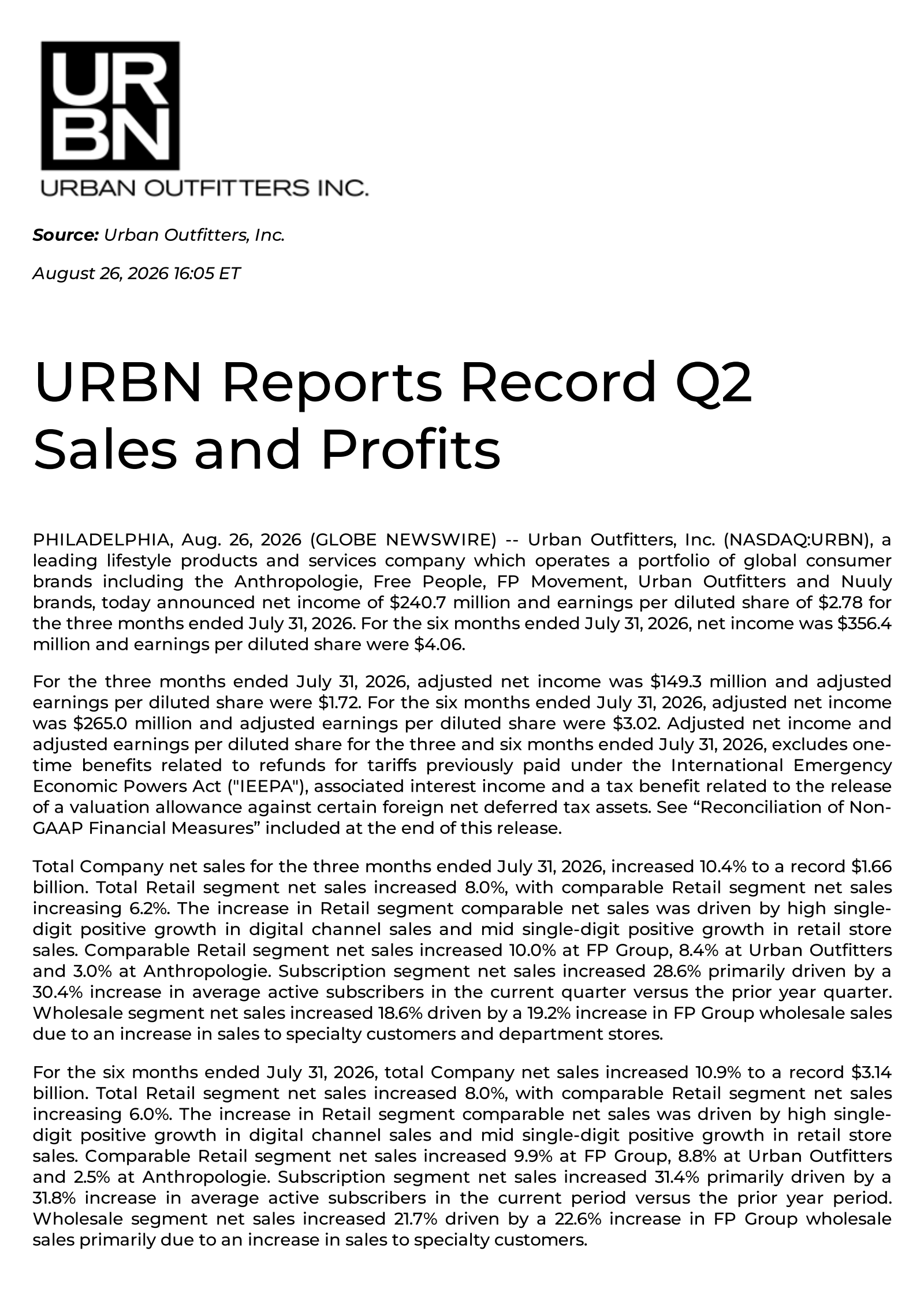 Urban Outfitters' Q2 2027 Press Release