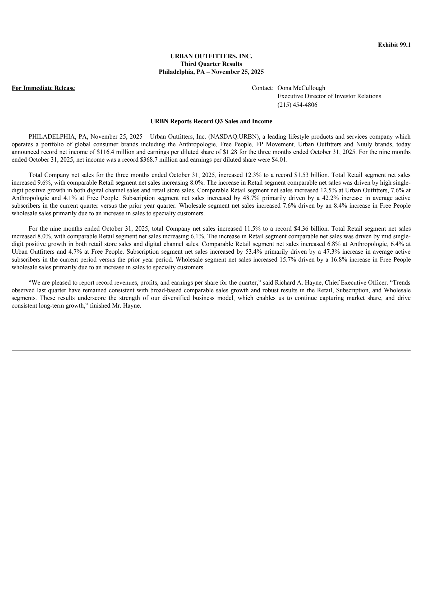 Urban Outfitters' Q3 2026 Press Release