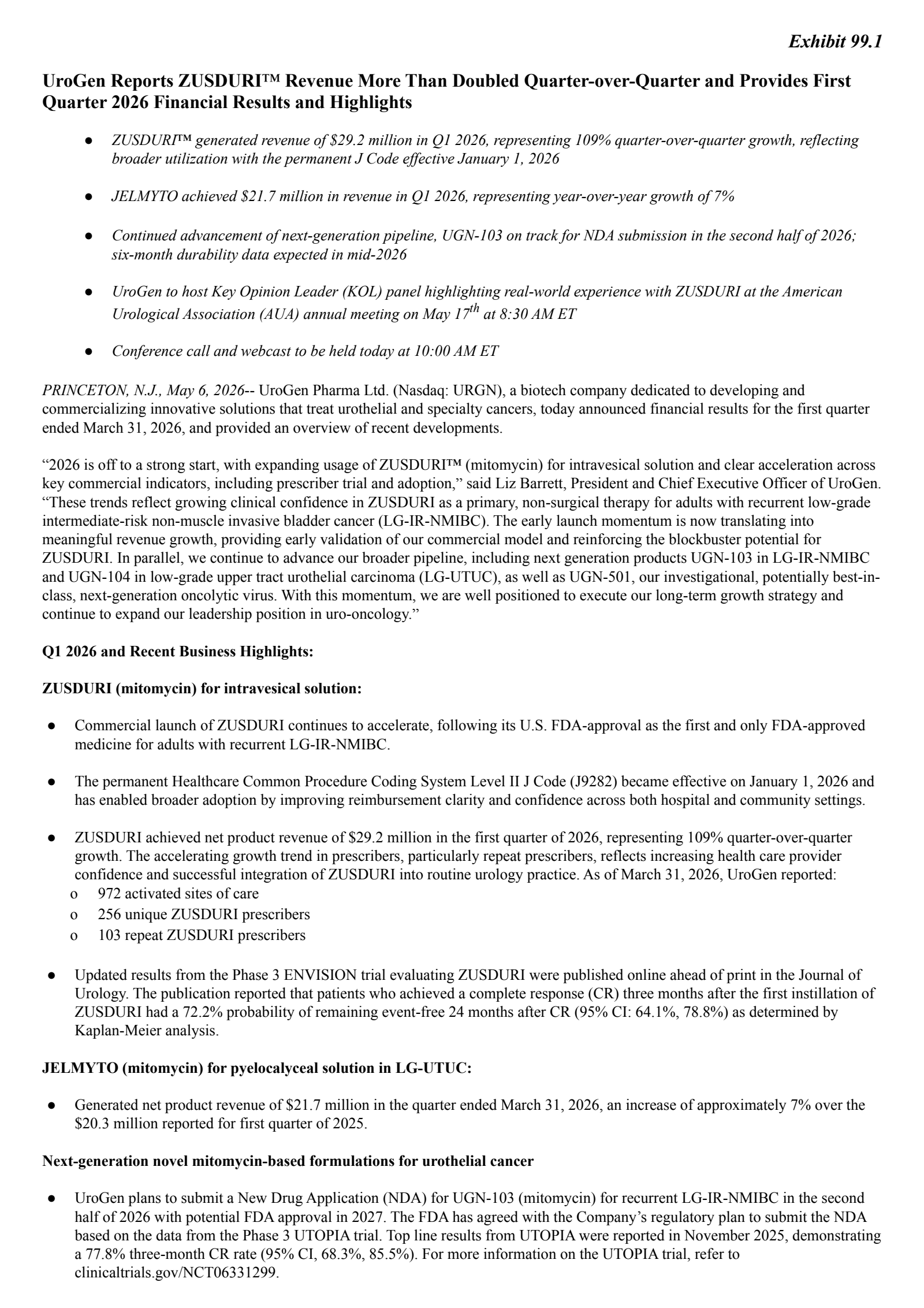 Urogen Pharma's Q1 2026 Press Release