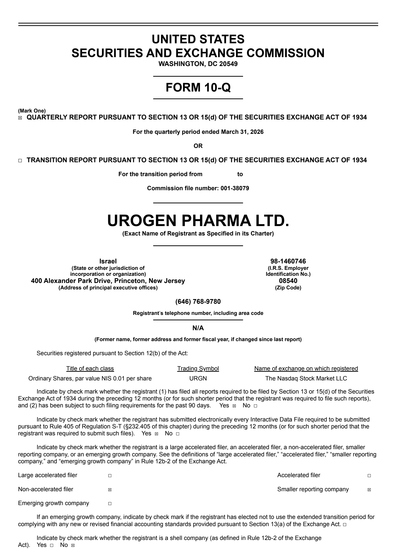 Urogen Pharma's Q1 2026 Quarterly report