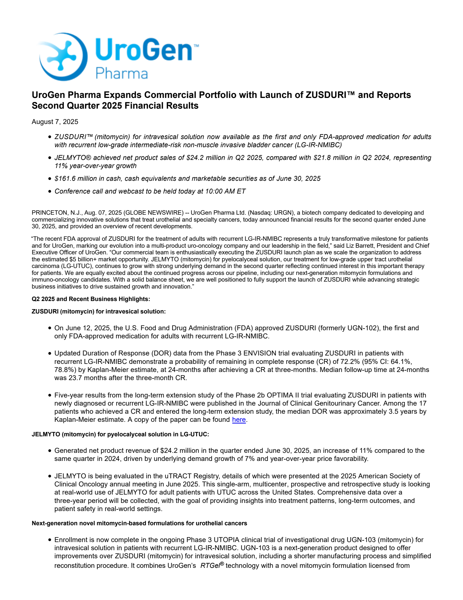 Urogen Pharma's Q2 2025 Press Release