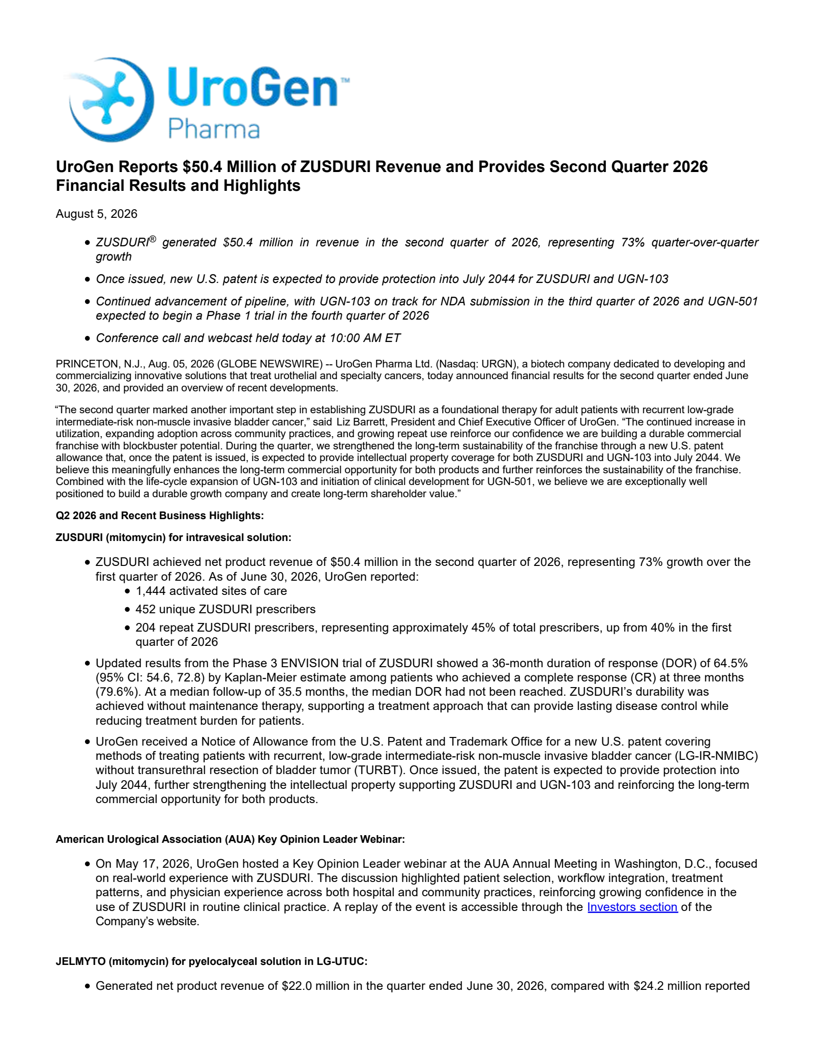 Urogen Pharma's Q2 2026 Press Release