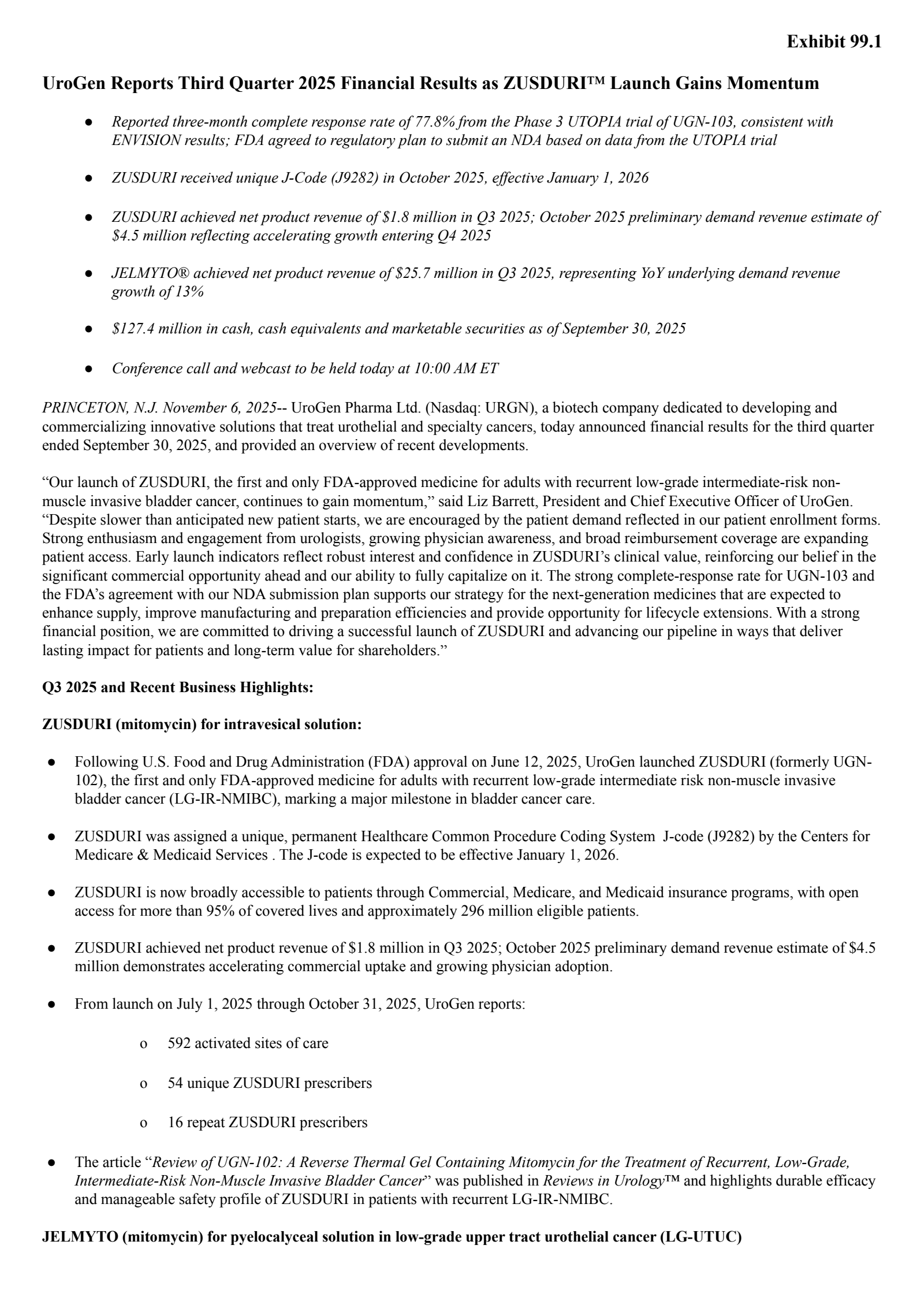 Urogen Pharma's Q3 2025 Earnings Release
