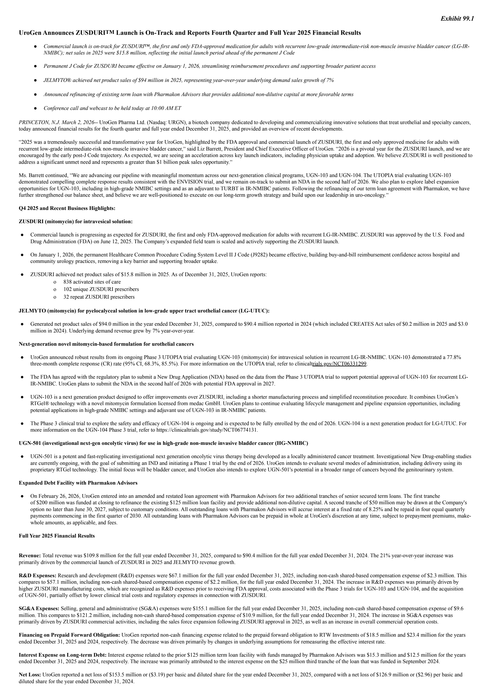 Urogen Pharma's Q4 2025 Press Release