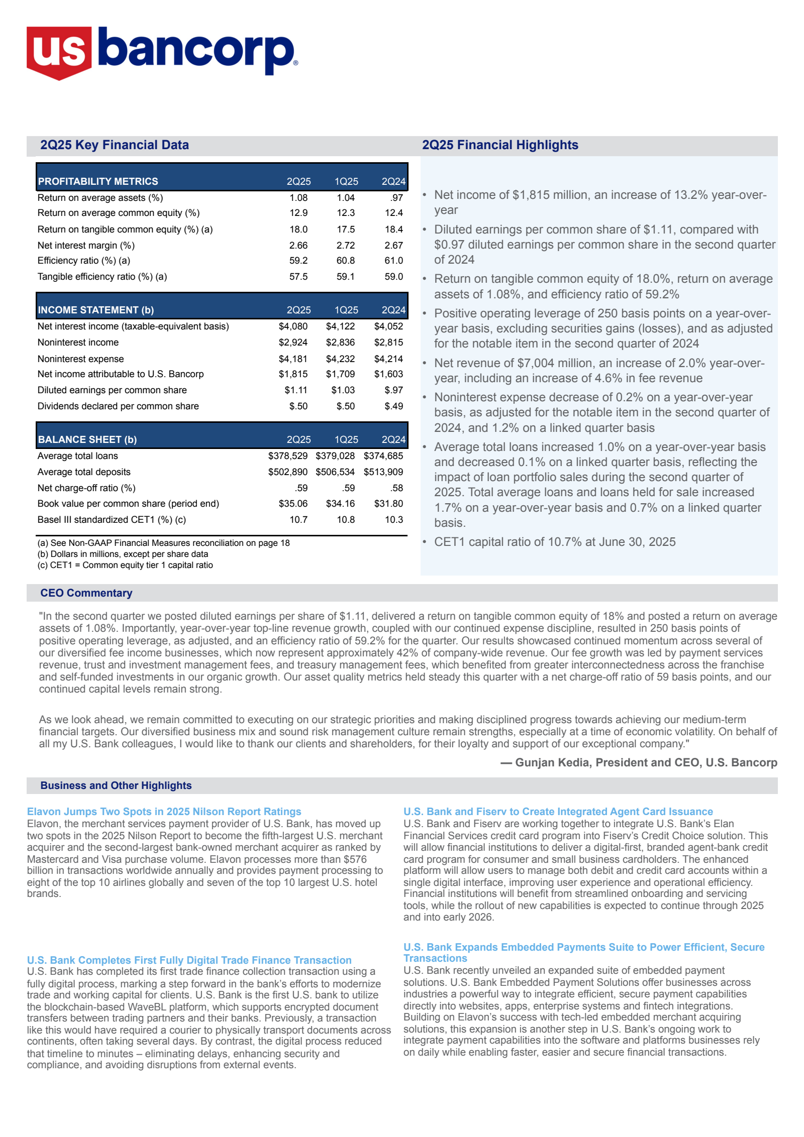 U.S. Bancorp's Q2 2025 Press Release