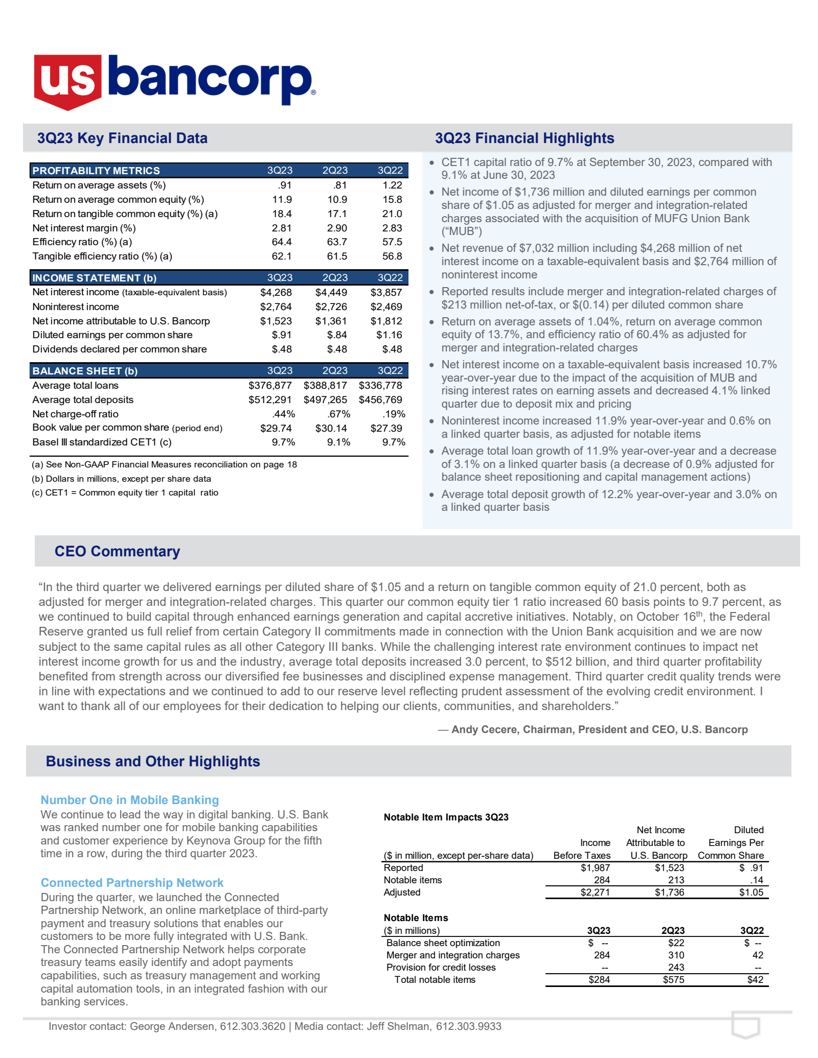 U.S. Bancorp's Q3 2023 Earnings Release