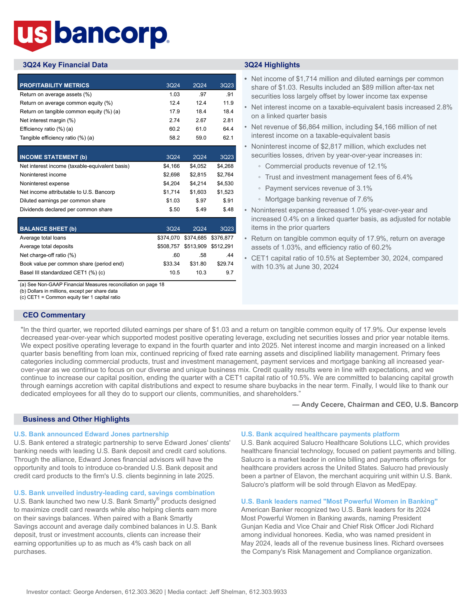 U.S. Bancorp's Q3 2024 Earnings Release