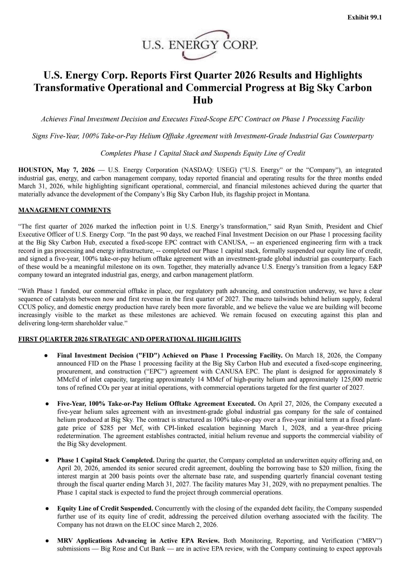 U.S. Energy's Q1 2026 Press Release