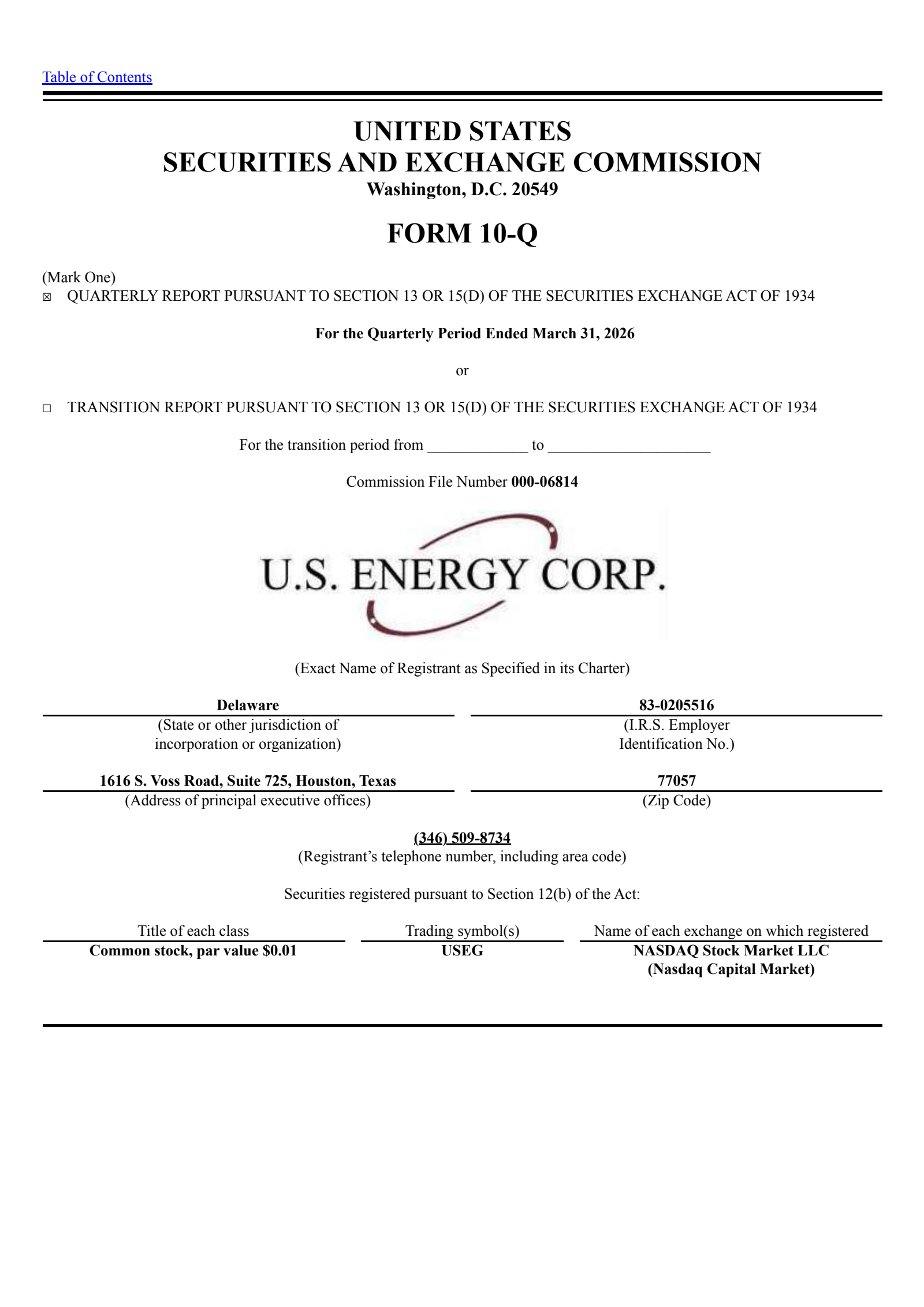 U.S. Energy's Q1 2026 Quarterly report