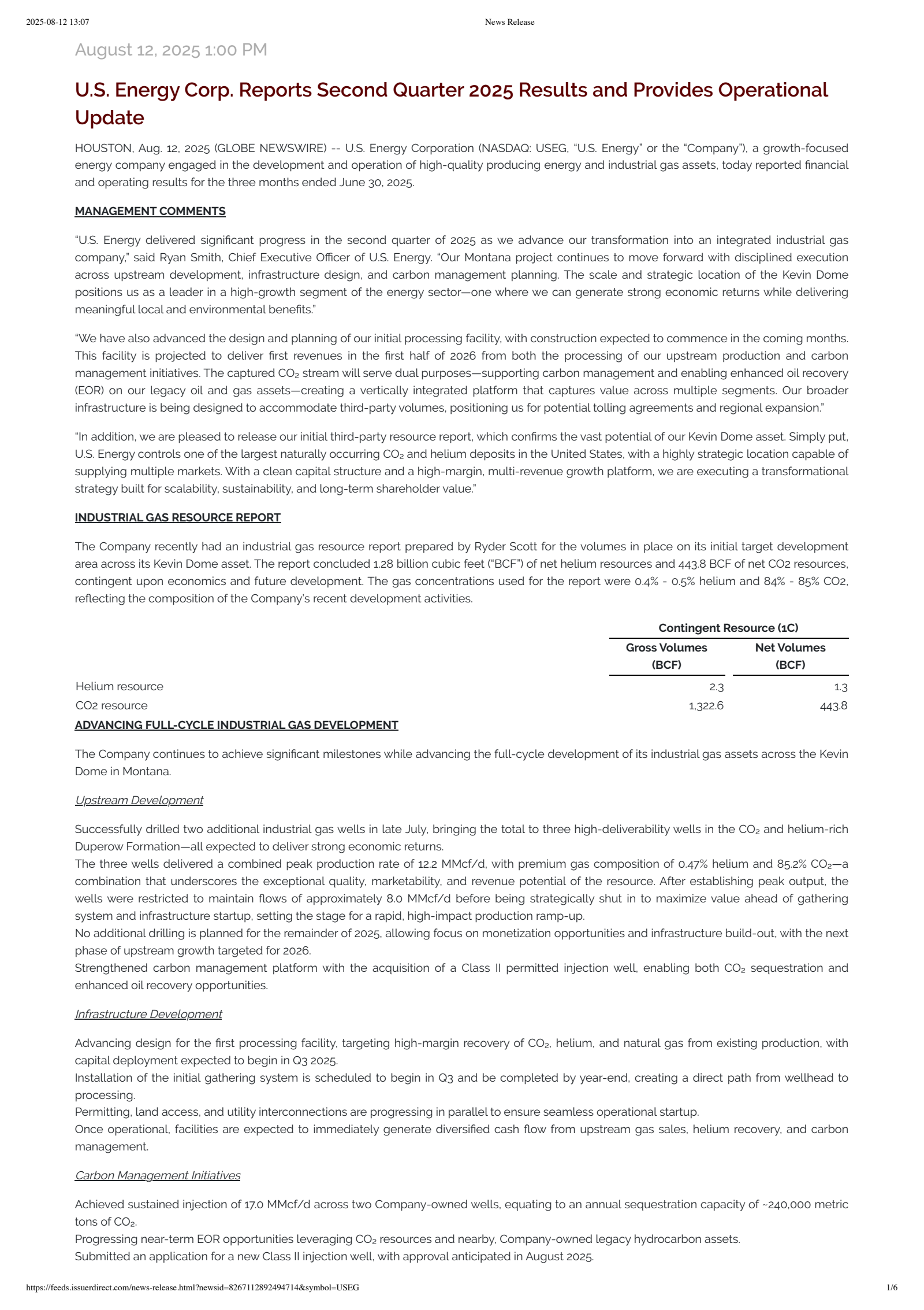 U.S. Energy's Q2 2025 Press Release